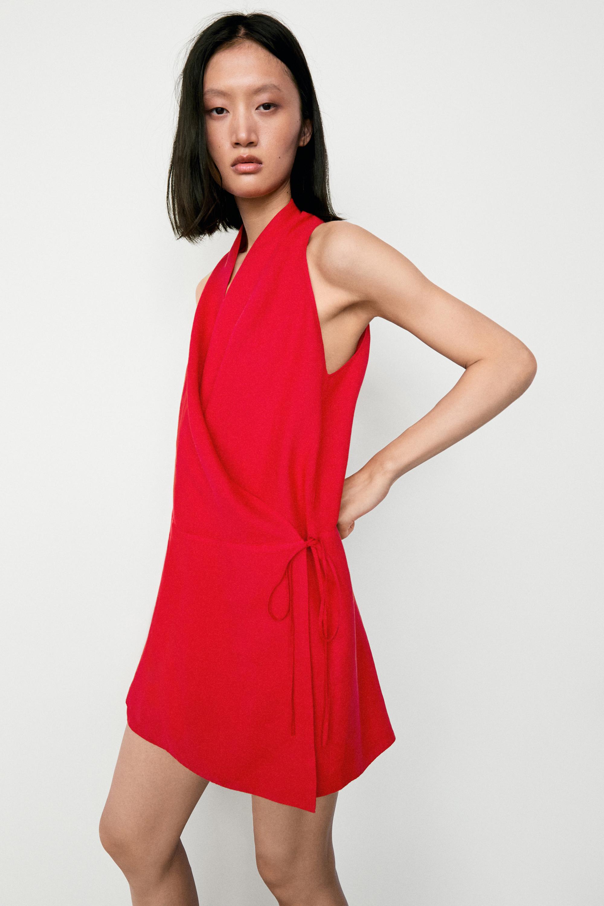 100% linen surplice mini dress — RED