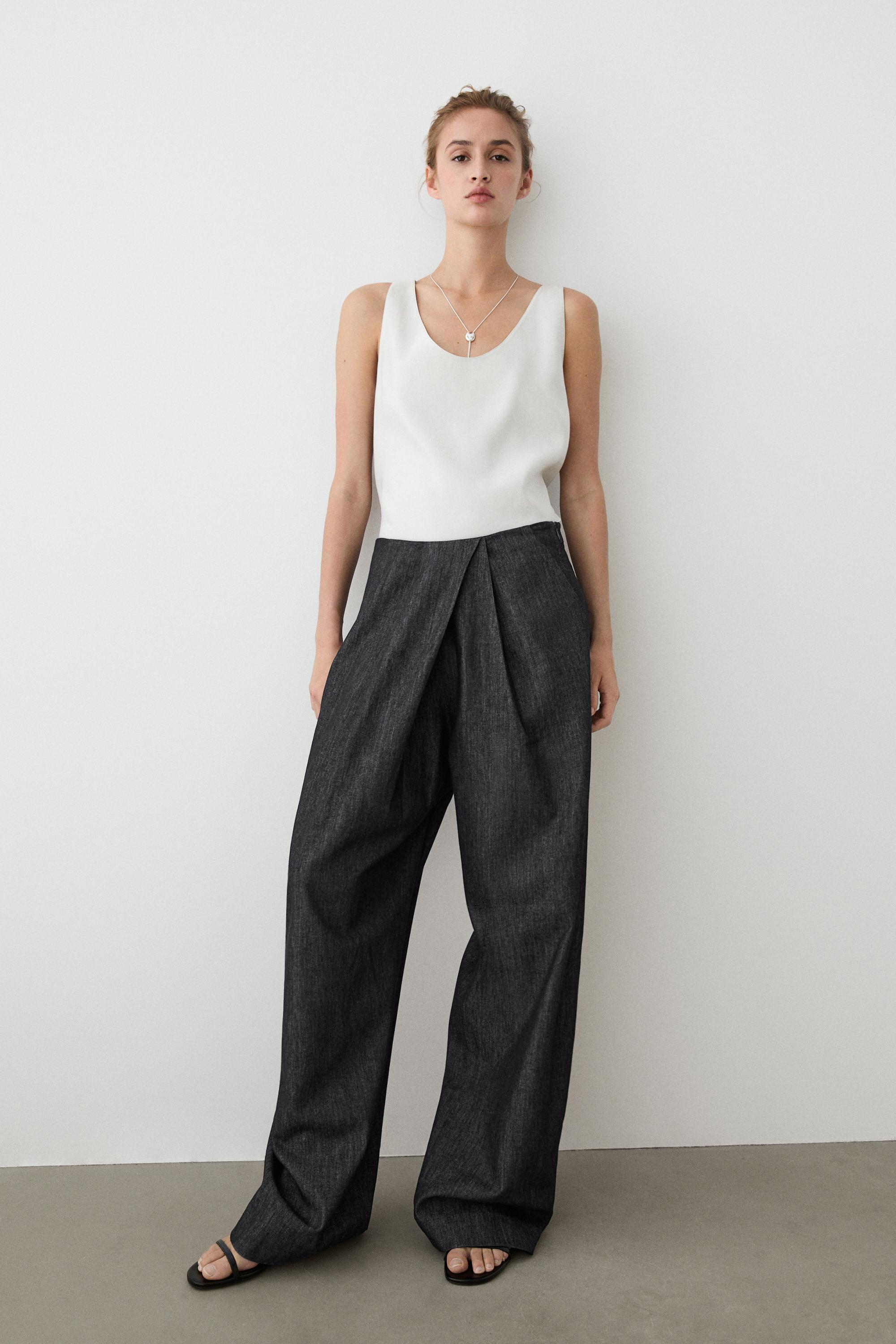 High-waist pants with crossover detail — DARK BLUE