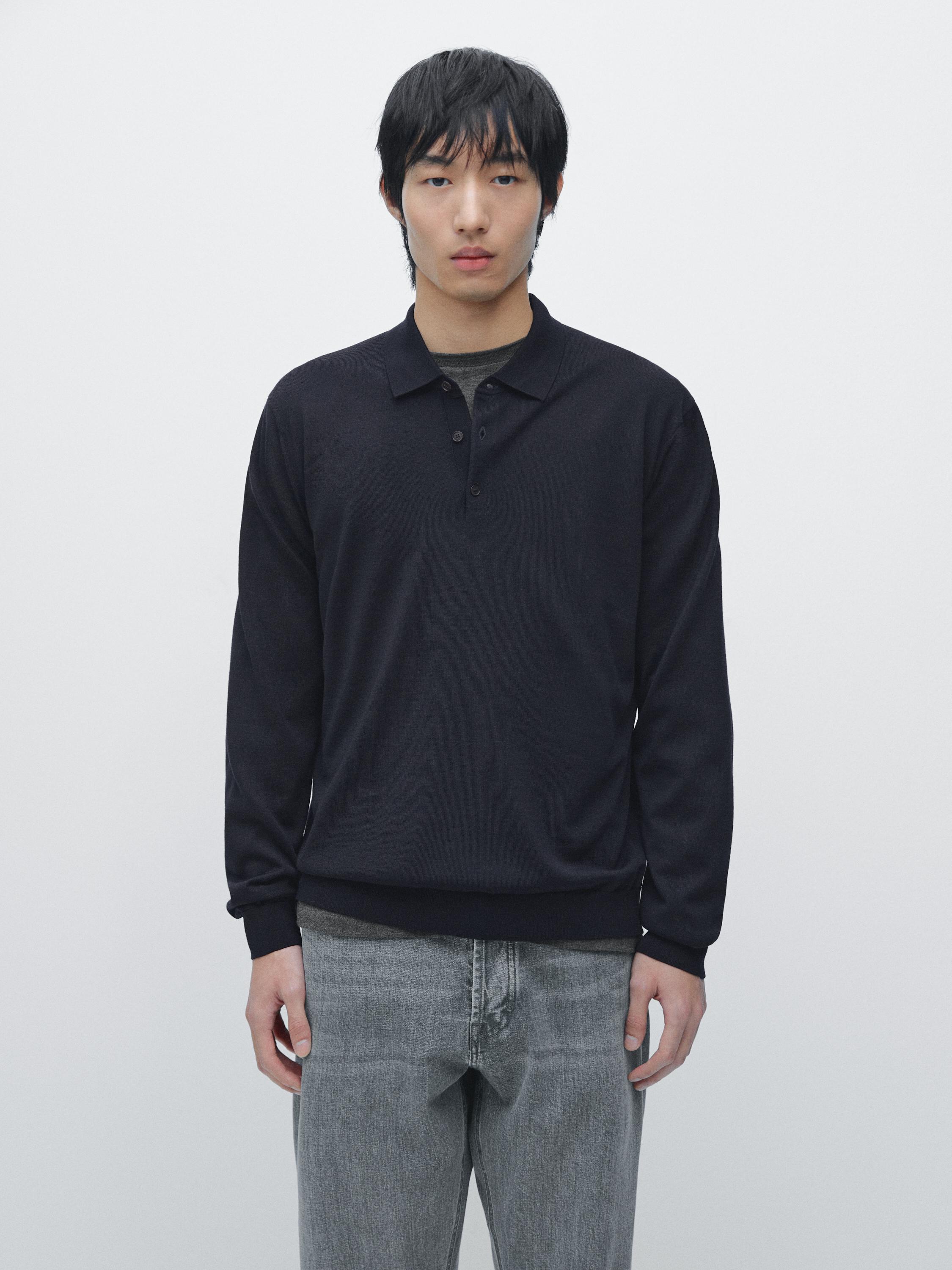 100% wool knit sweater with polo collar — NAVY BLUE