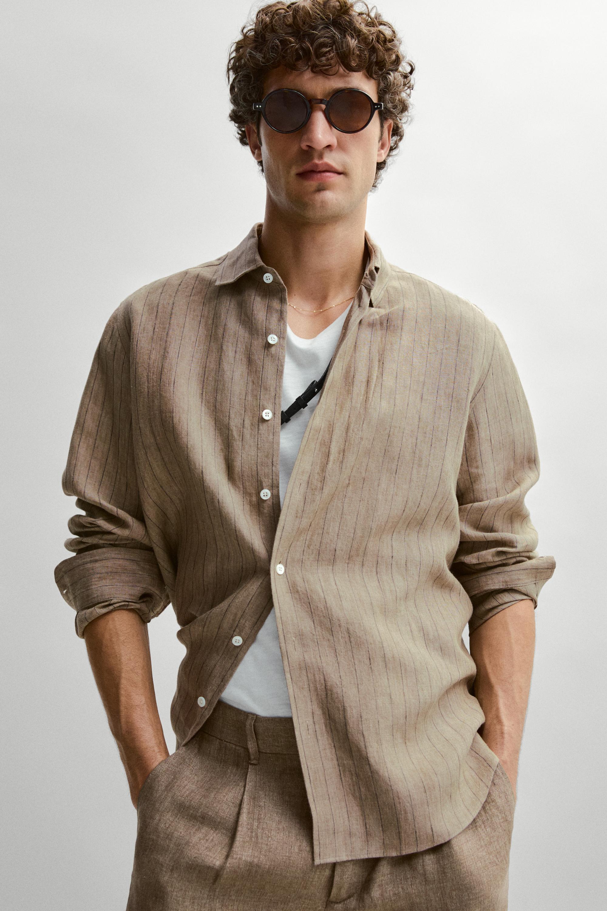 Regular fit 100% linen striped shirt — BEIGE
