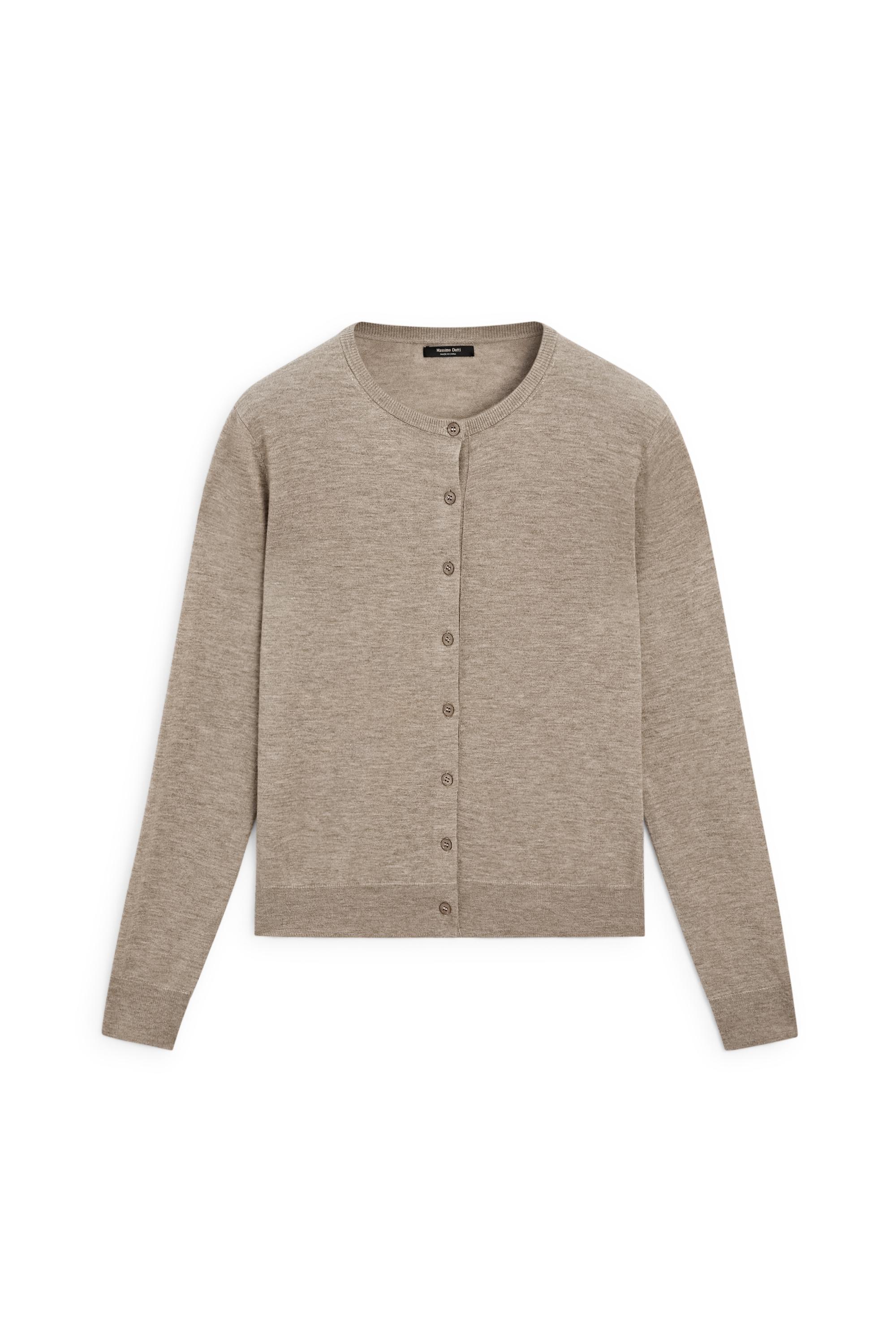 Fine-knit round neck cardigan — BEIGE MARL