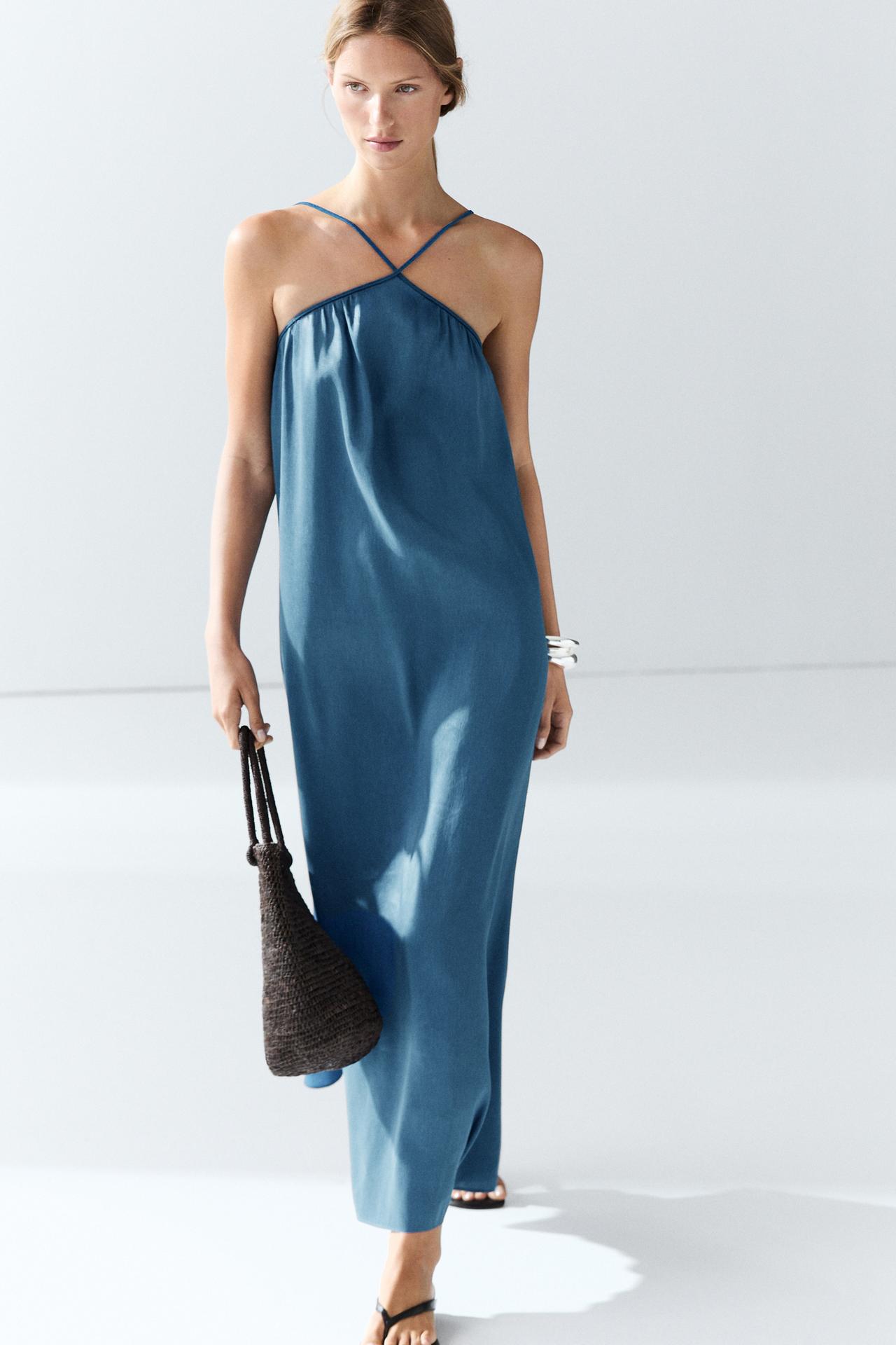Long flowing dress with criss-cross straps — BLUE