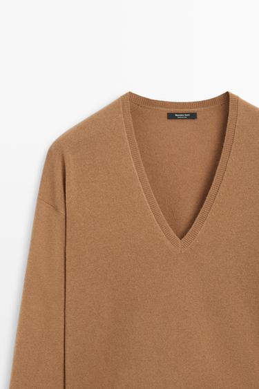 Wool blend knit V-neck sweater — CAMEL 4
