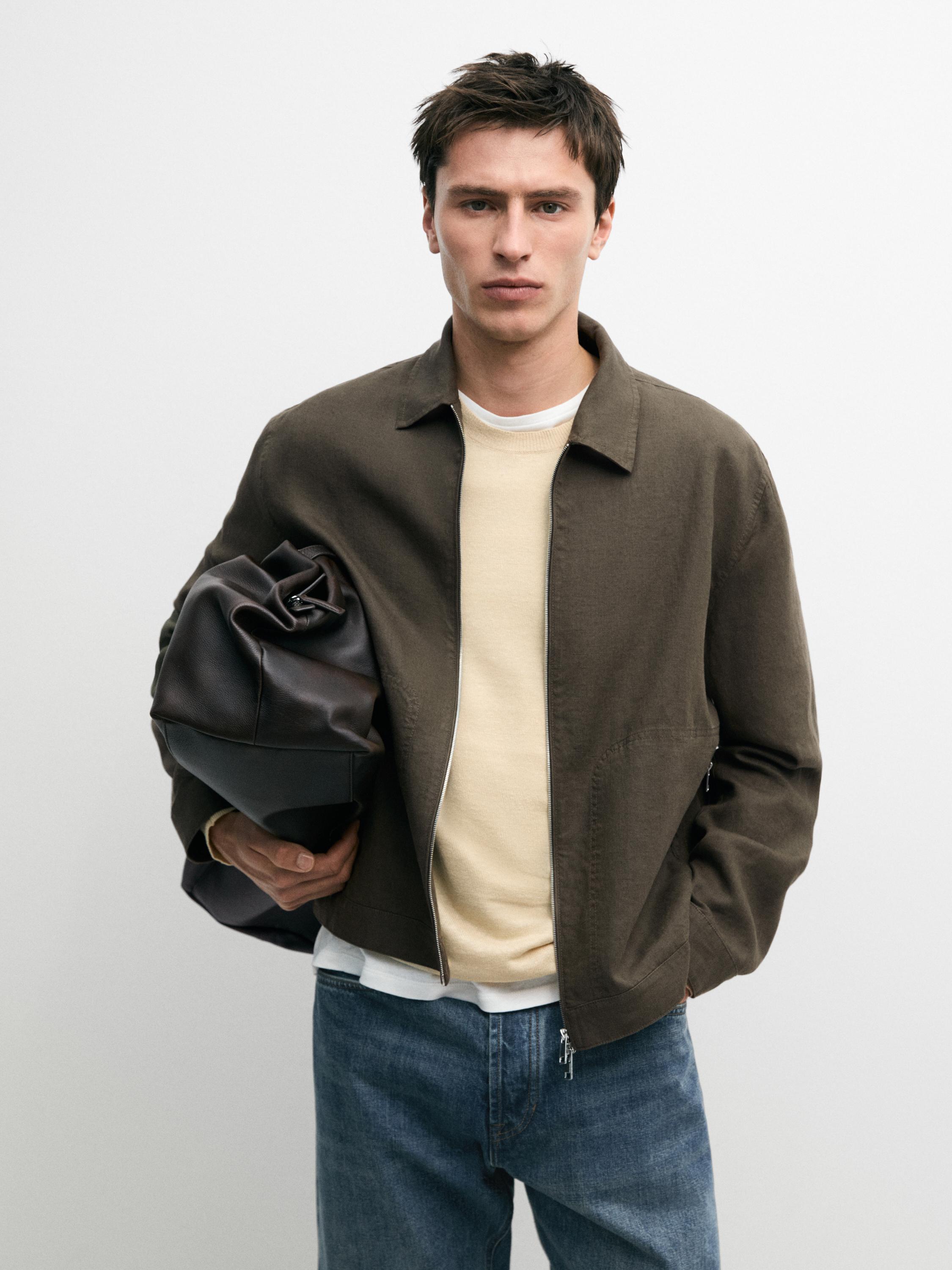 Cropped 100% linen jacket — KHAKI