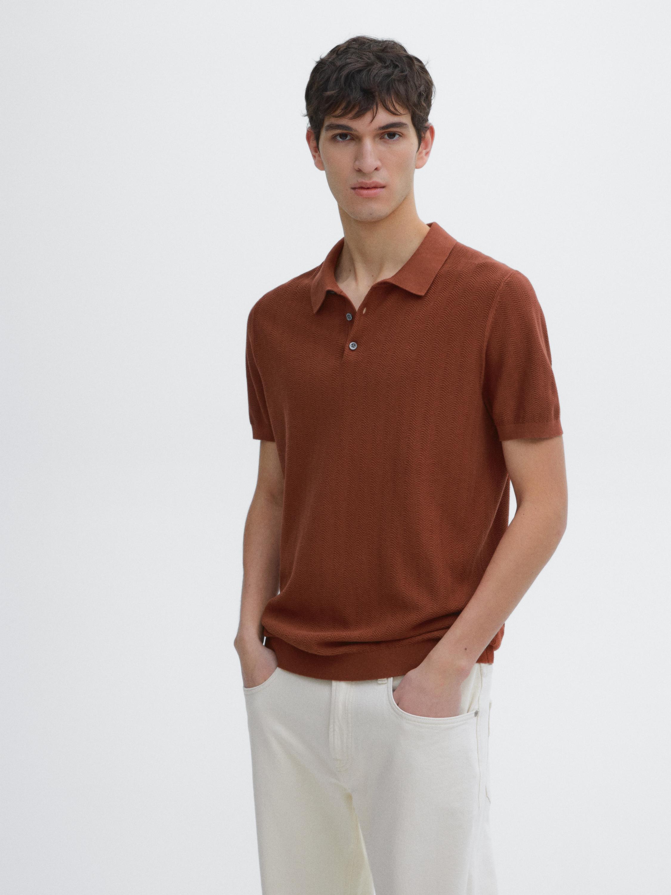 Cotton herringbone knit polo sweater