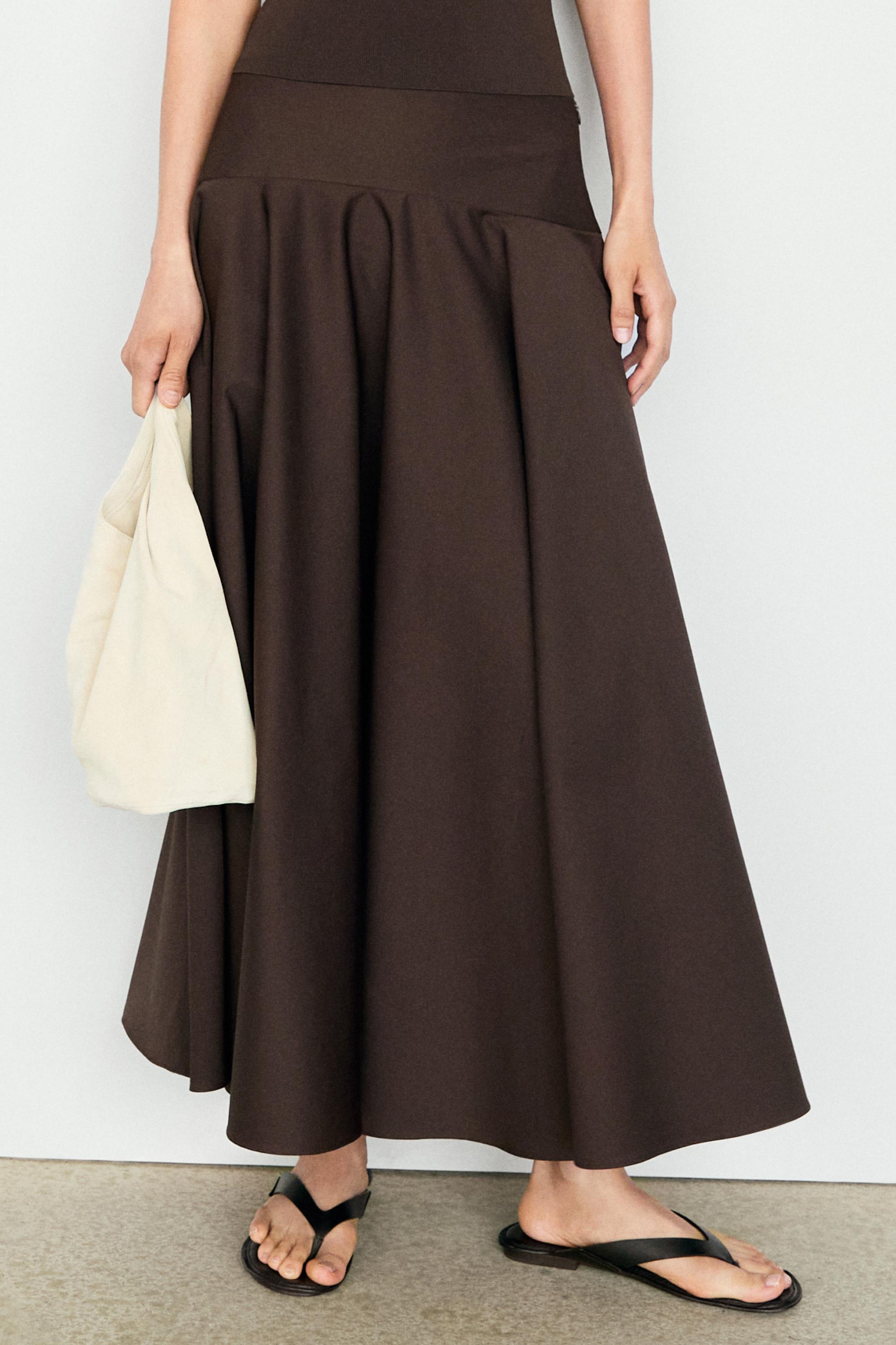 Flounce midi skirt with yoke detail — BROWN