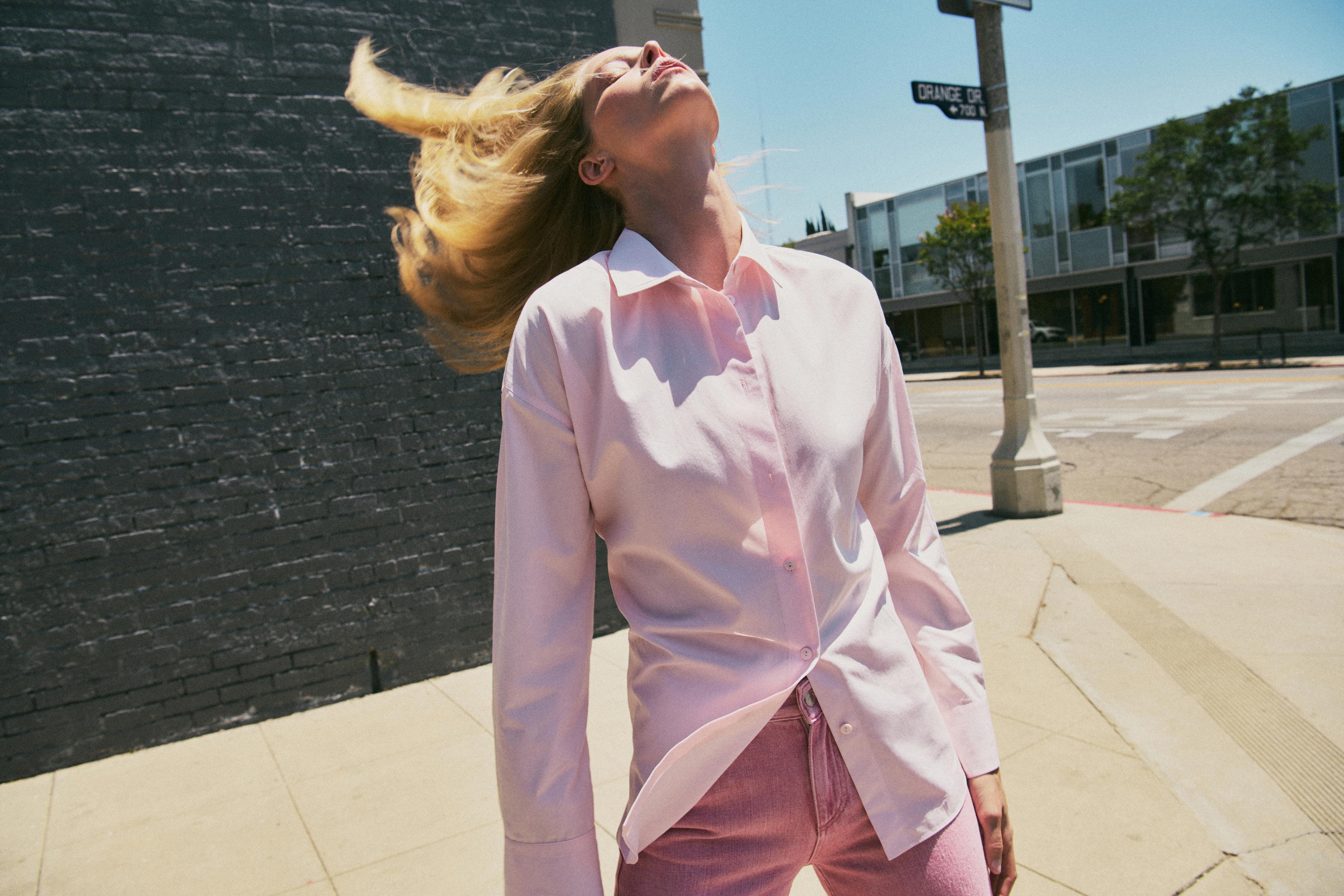 Cotton poplin shirt with dart detail — PINK