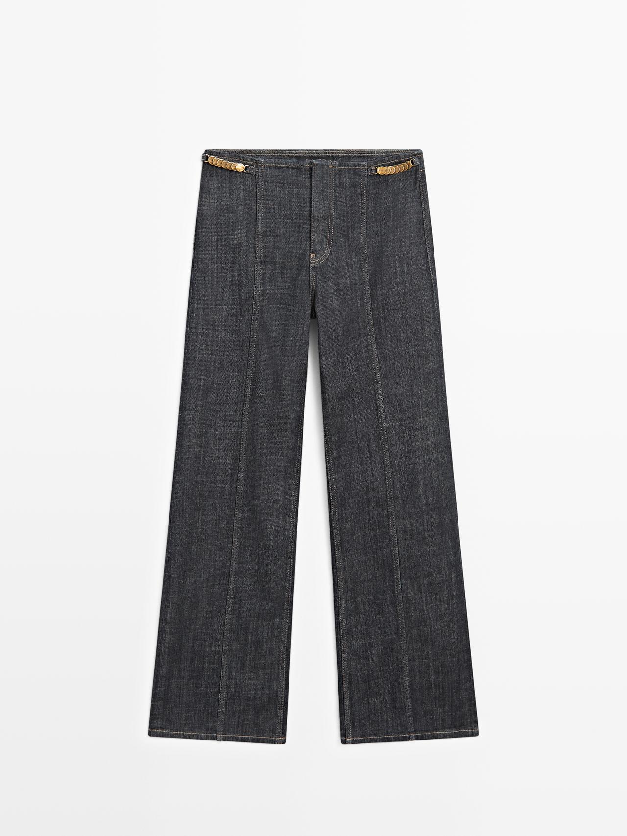 Massimo Dutti - Dame - Højtaljede Jeans Med Brede Ben Og Kæder - Mørkeblå - 36