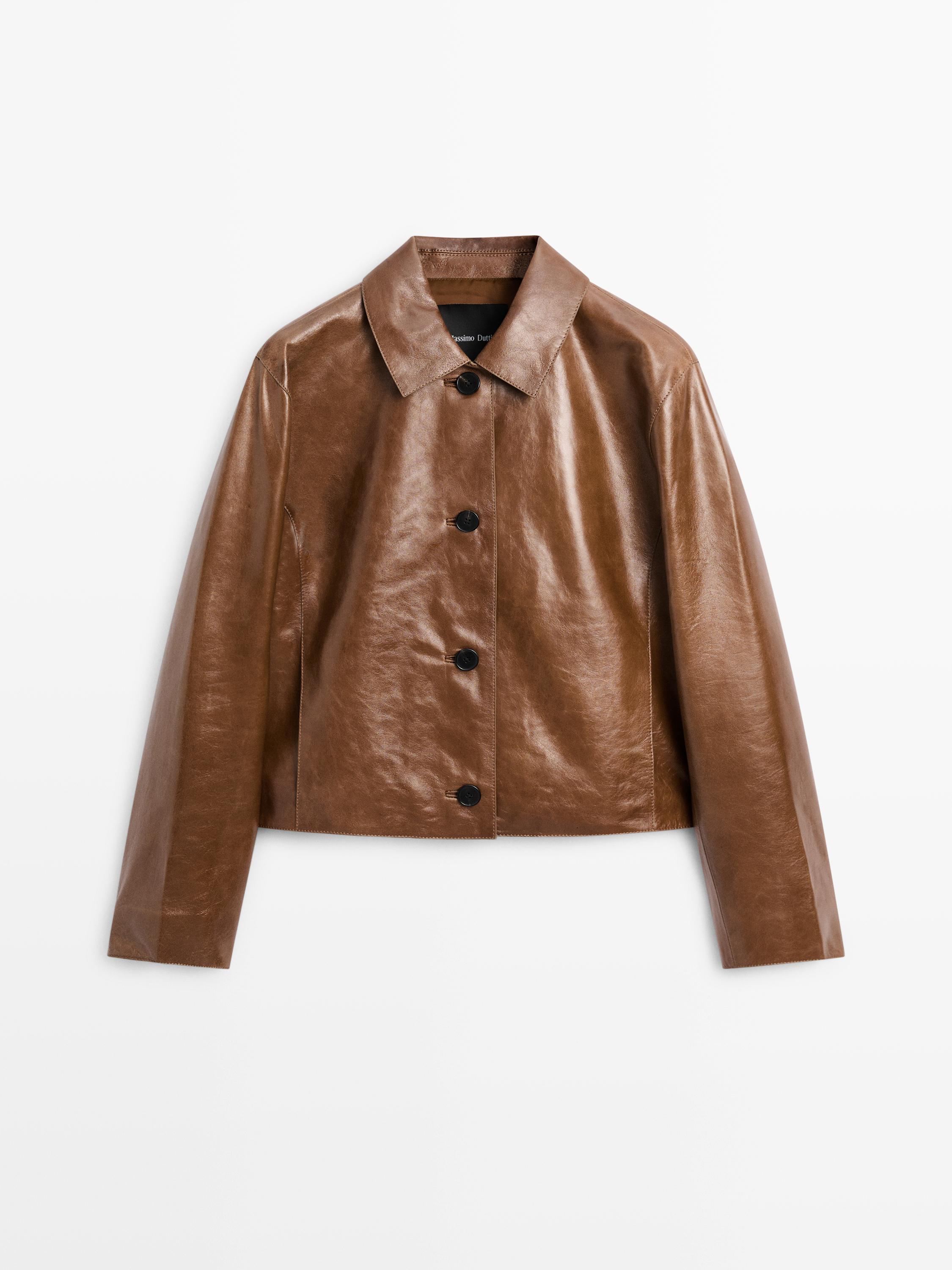 Cropped nappa leather jacket — CAMEL