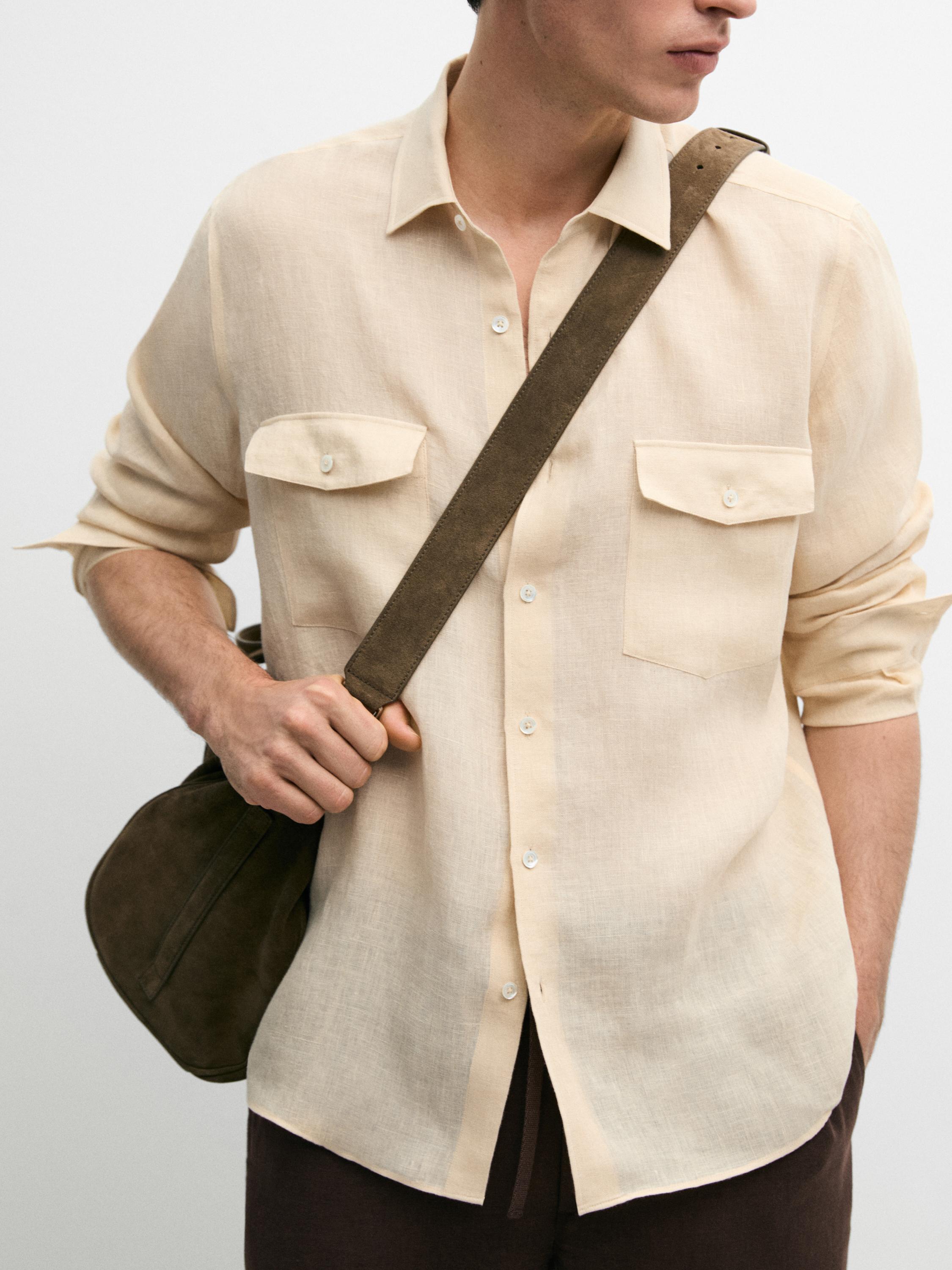Regular fit 100% linen shirt with pockets — YELLOW