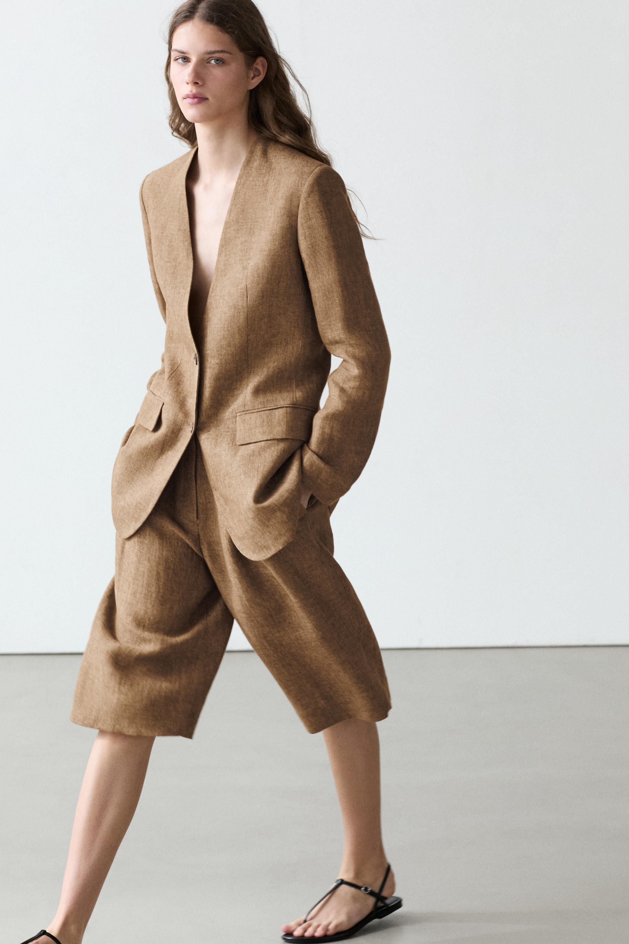 Melange linen suit Bermuda shorts — CAMEL