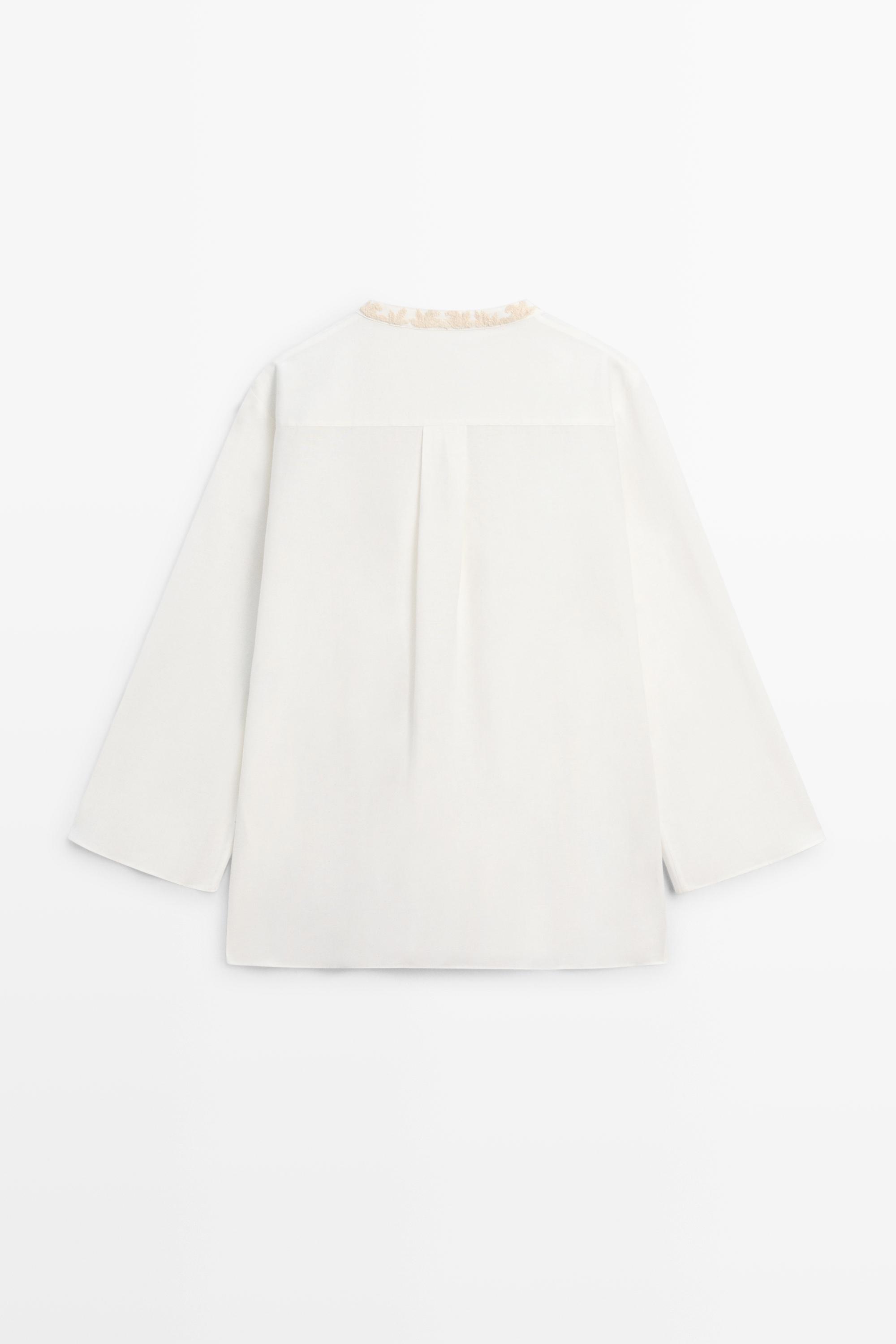 Flowing oversize blouse with stand collar and embroidery — CREAM
