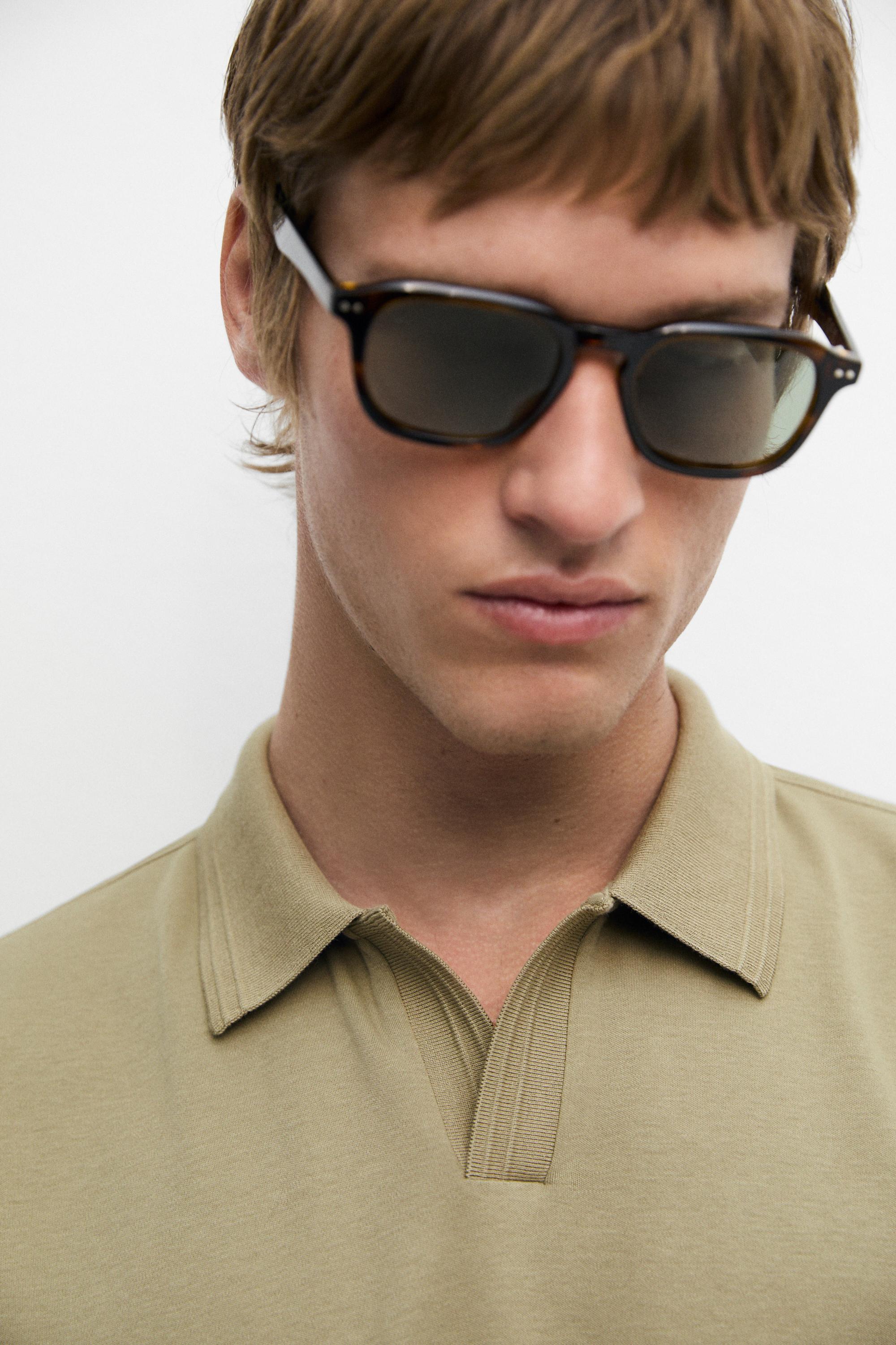 100% cotton V-neck knit polo — MOSS GREEN