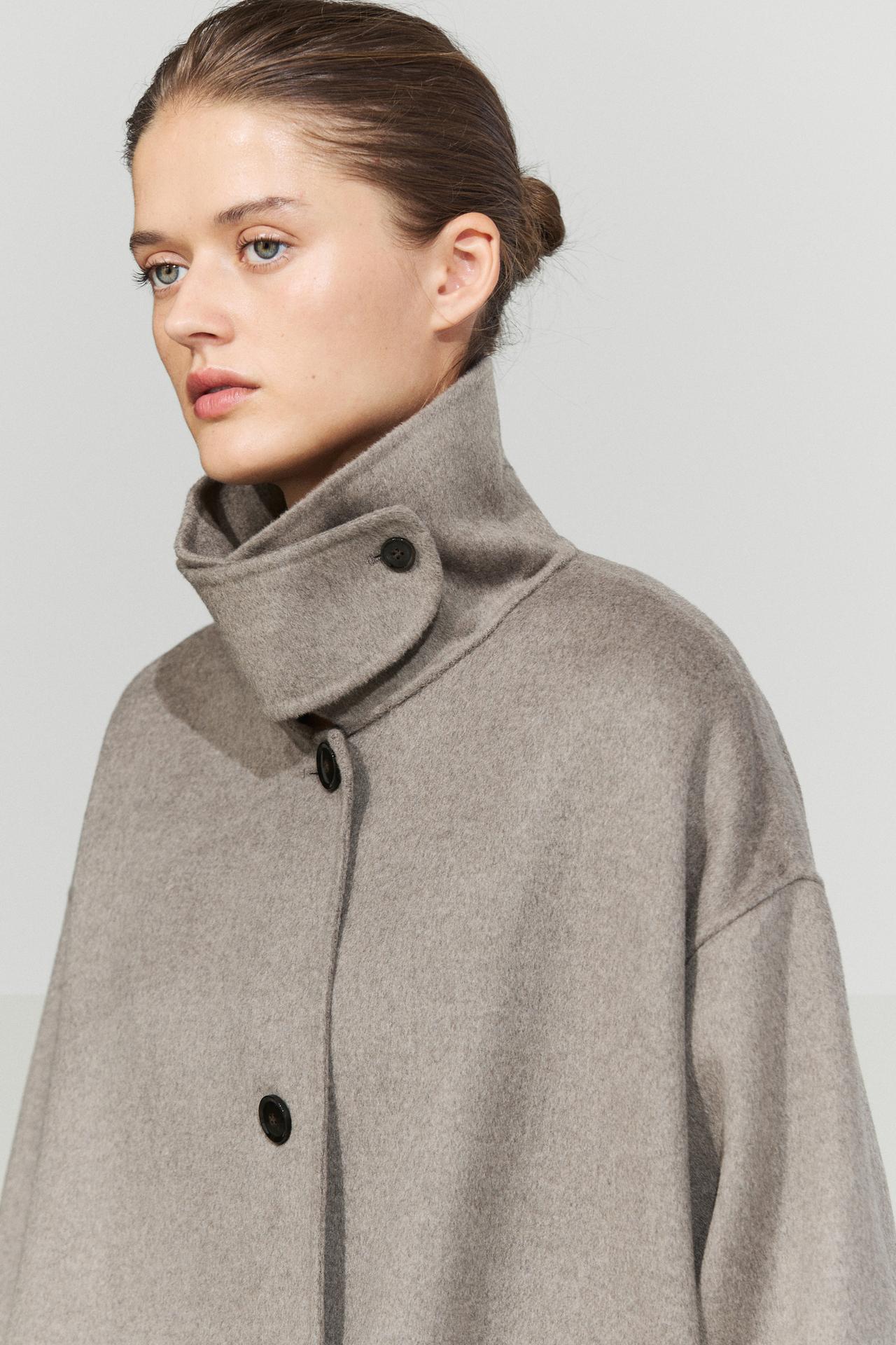 Long coat with wool collar detail — GREY