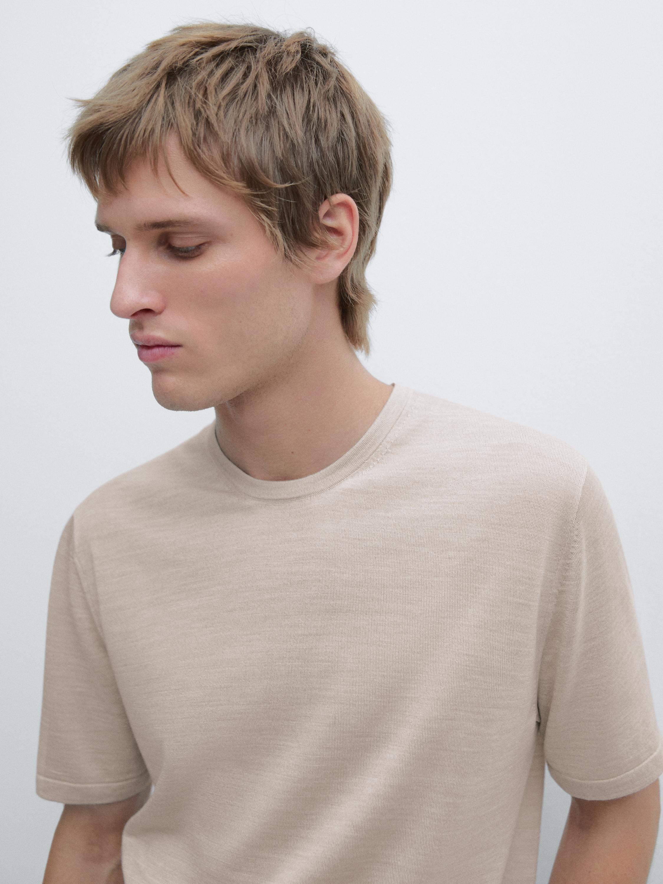 Wool-blend short-sleeve knit sweater — Beige