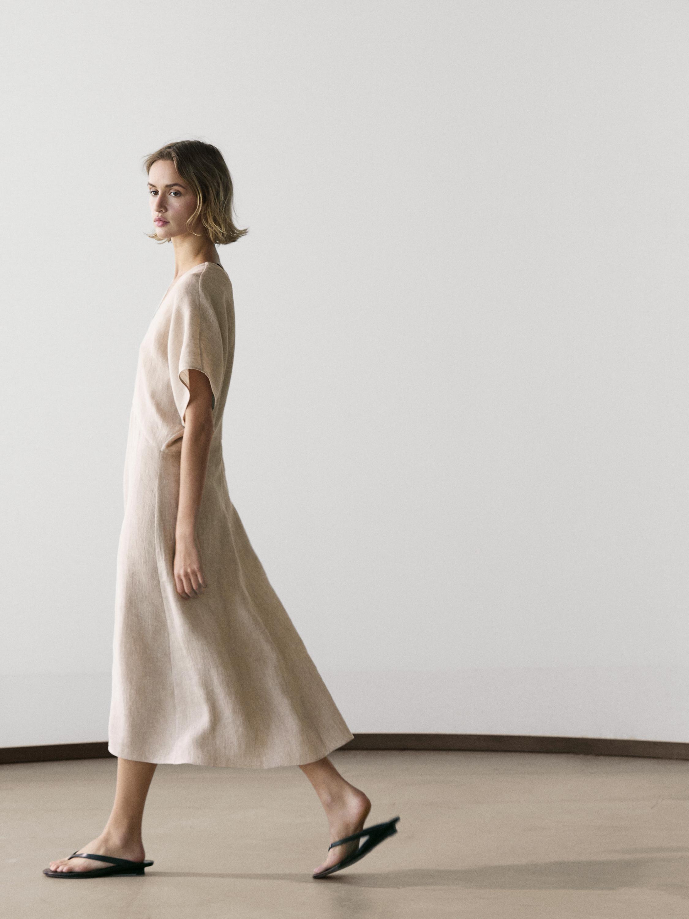Lightweight short sleeve linen midi dress  Cream  Dress | Massimo Dutti