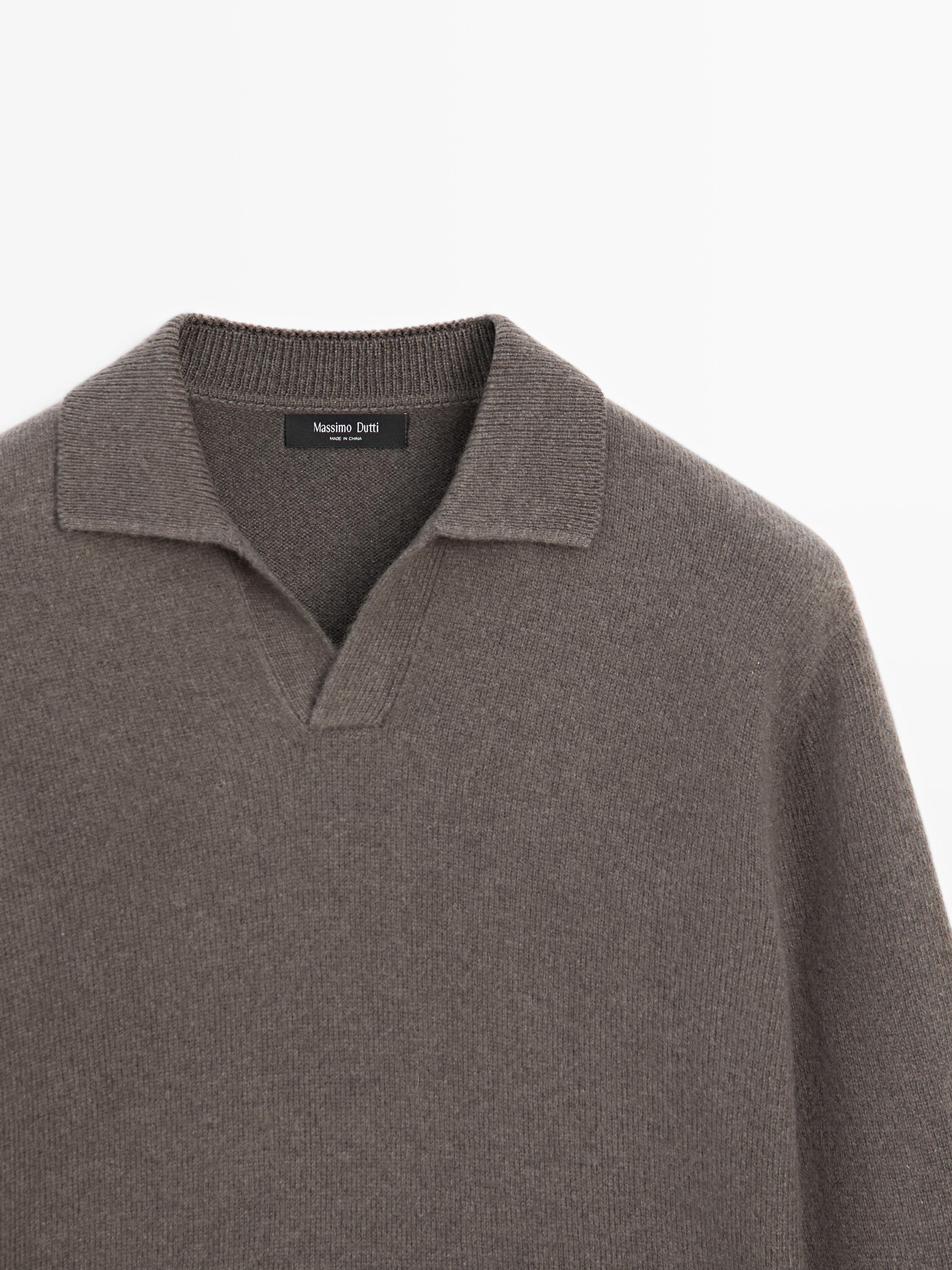 Wool blend V-neck polo sweater