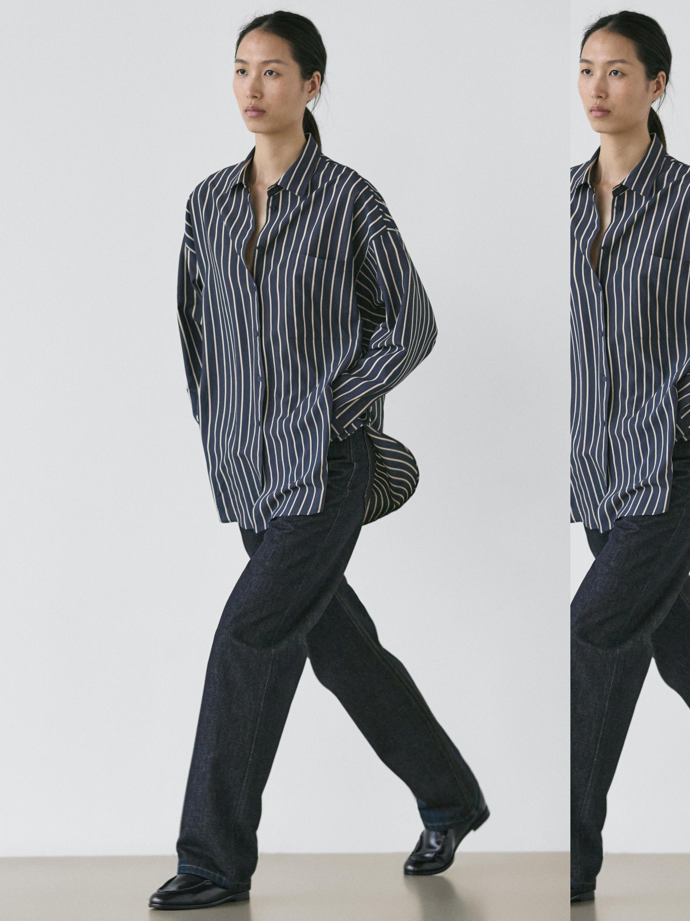 Striped flowing shirt with pocket detail — NAVY BLUE