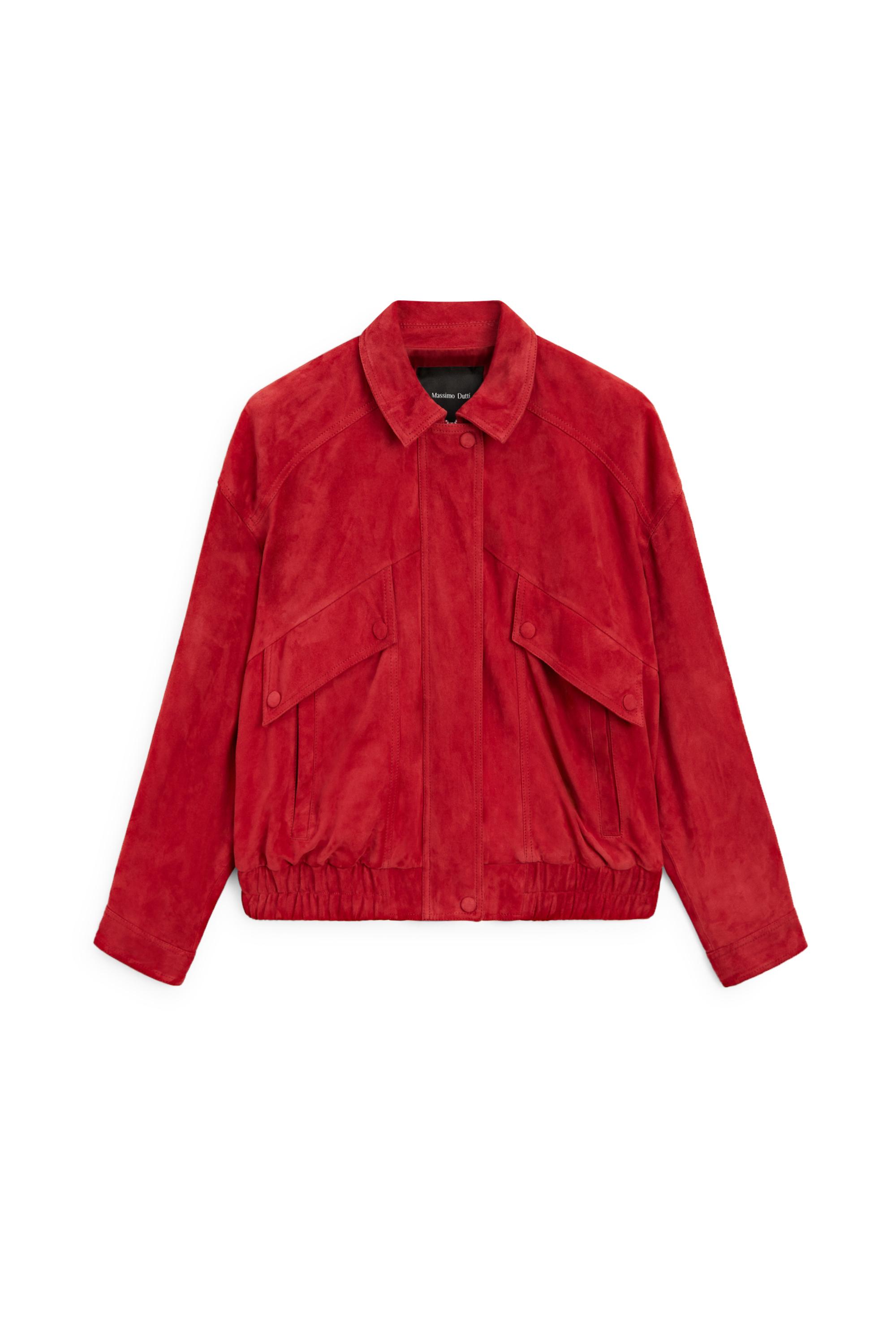 Suede leather bomber jacket with pocket details — RED