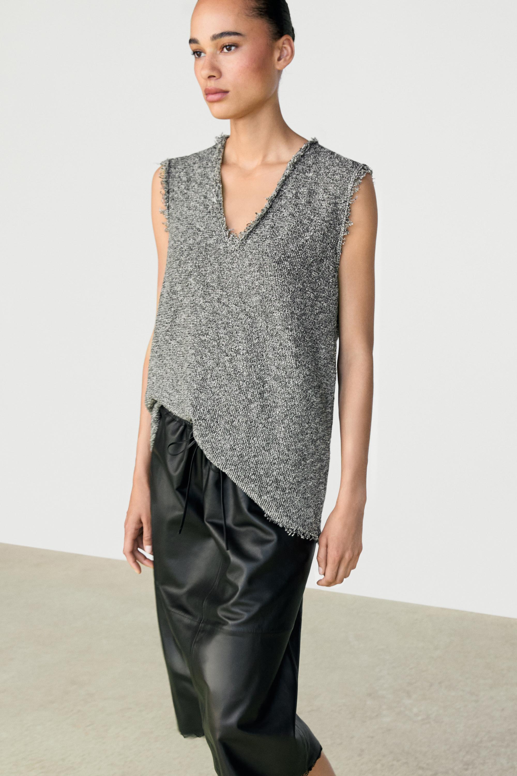 Nappa leather midi skirt with lace detail — BLACK