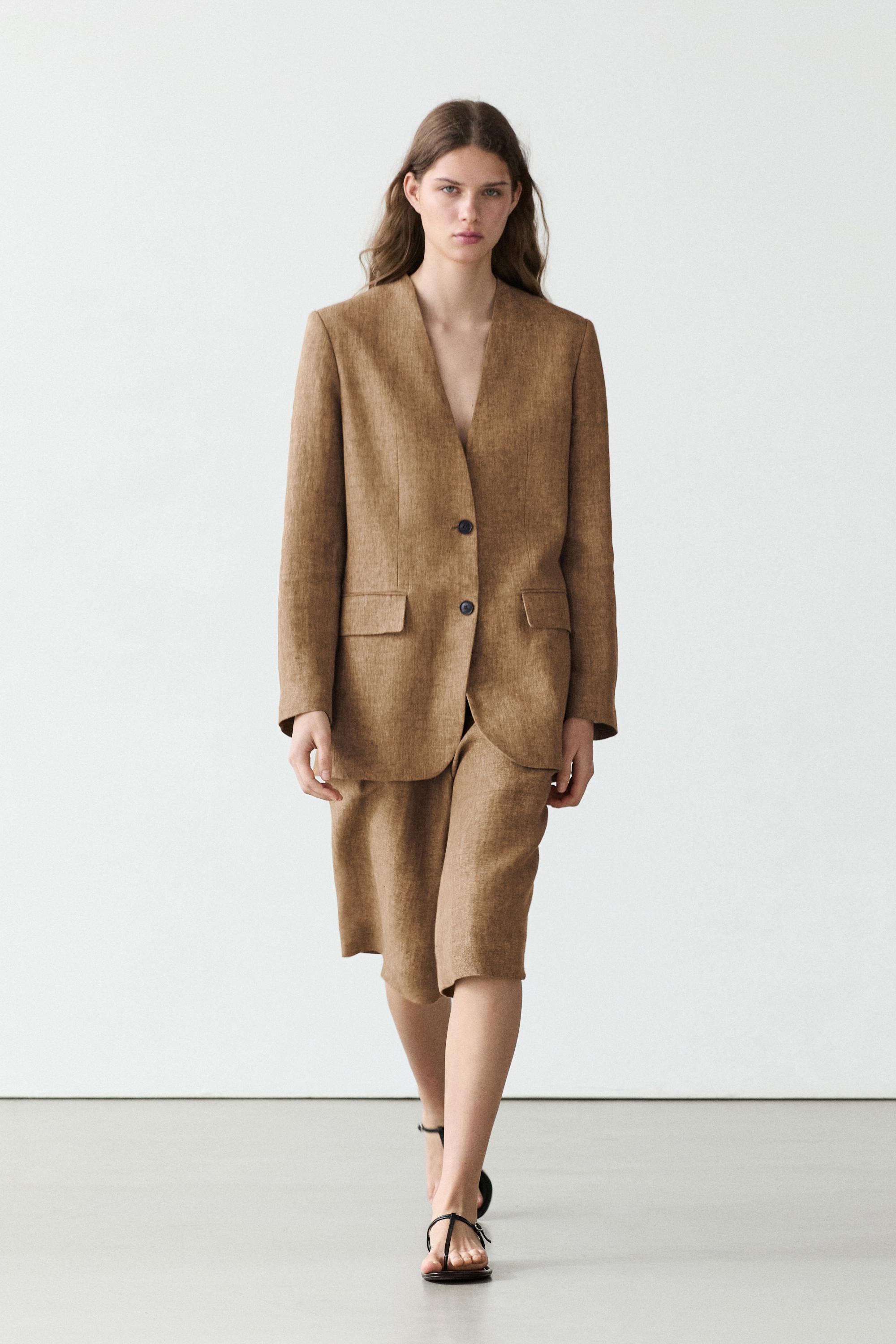 Melange linen suit Bermuda shorts — CAMEL