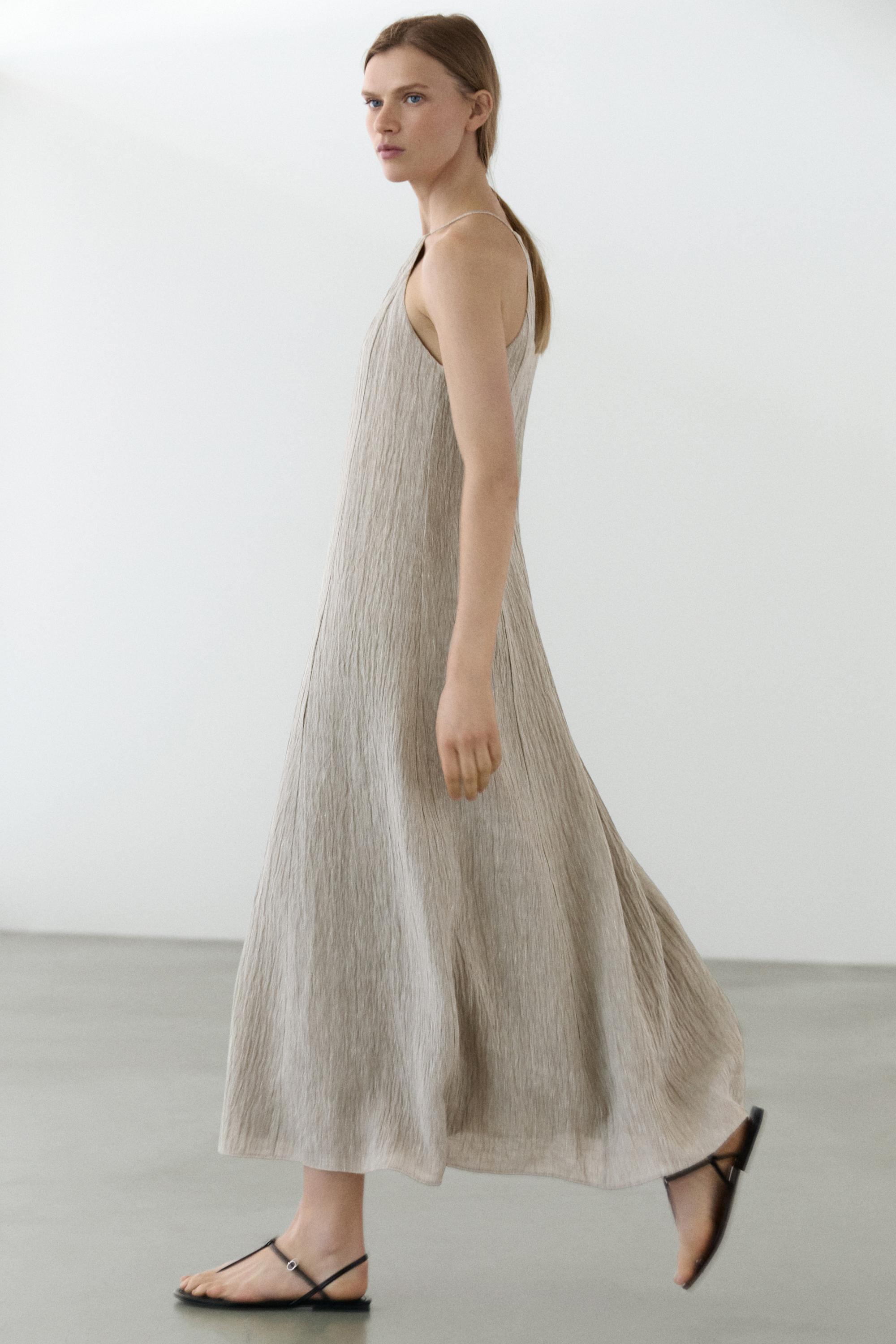 Flowing linen blend dress with gathered neckline — GREY
