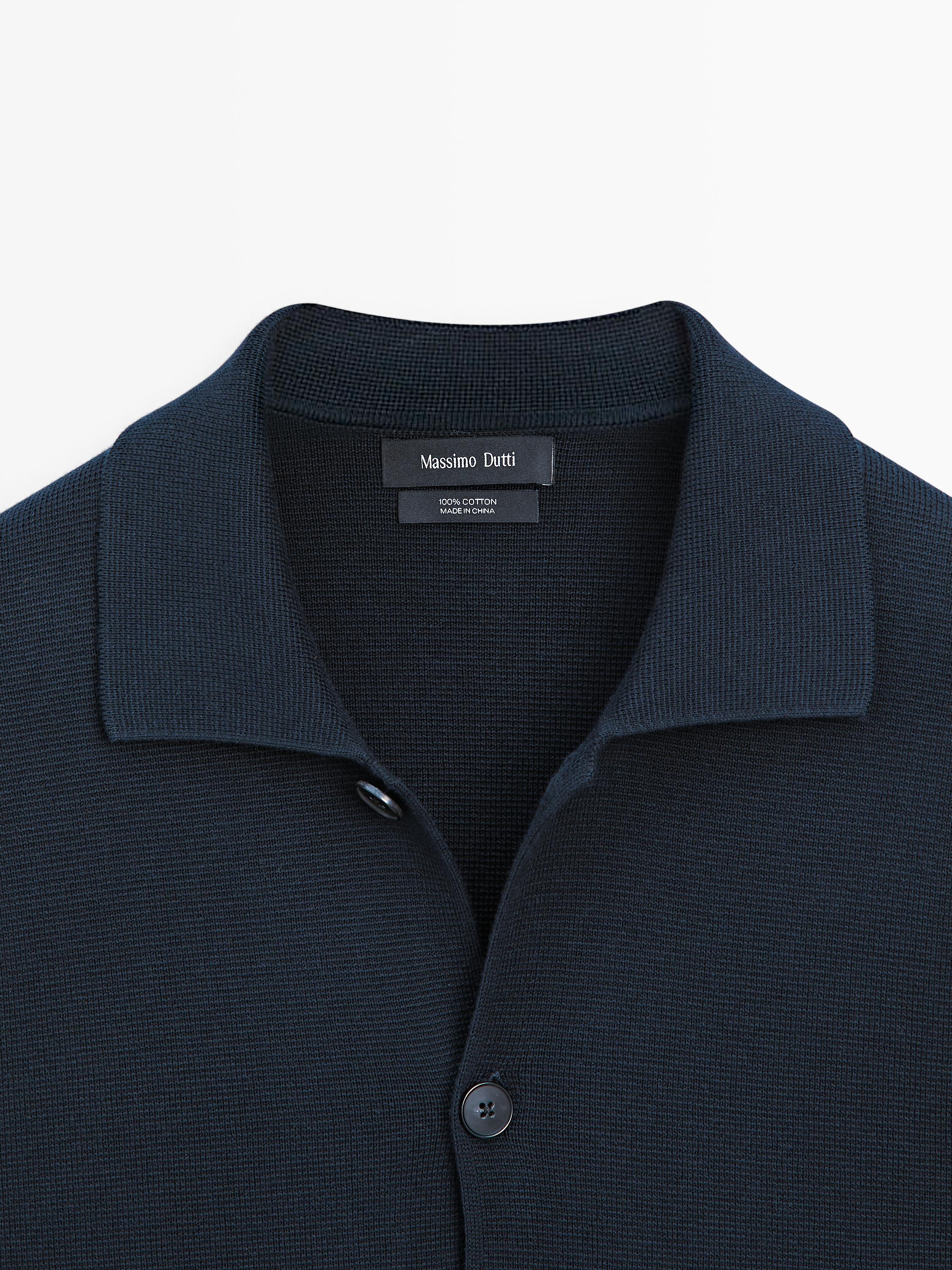 100% cotton knit cardigan with polo collar — NAVY BLUE