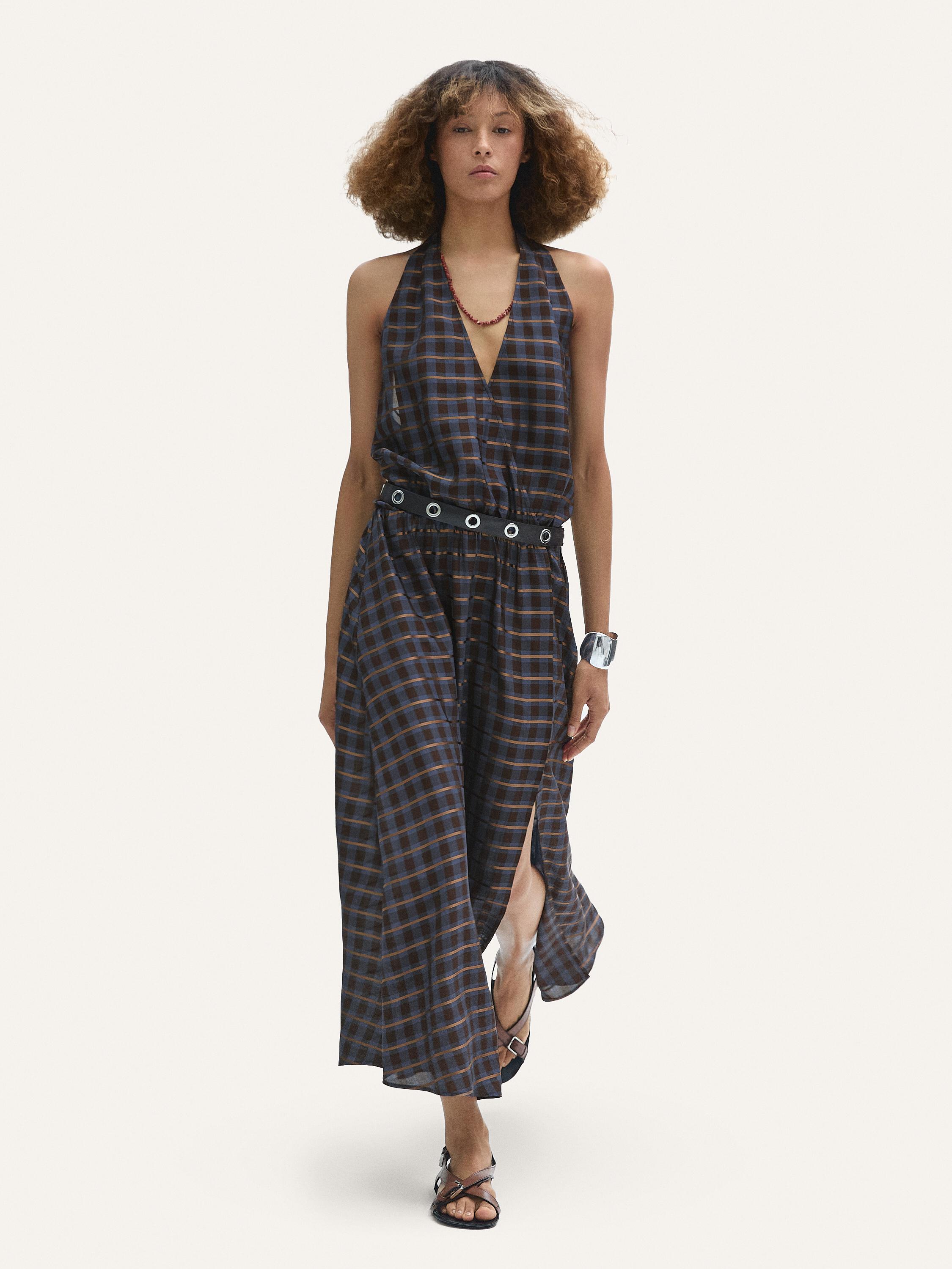 Long printed halter neck flounce dress