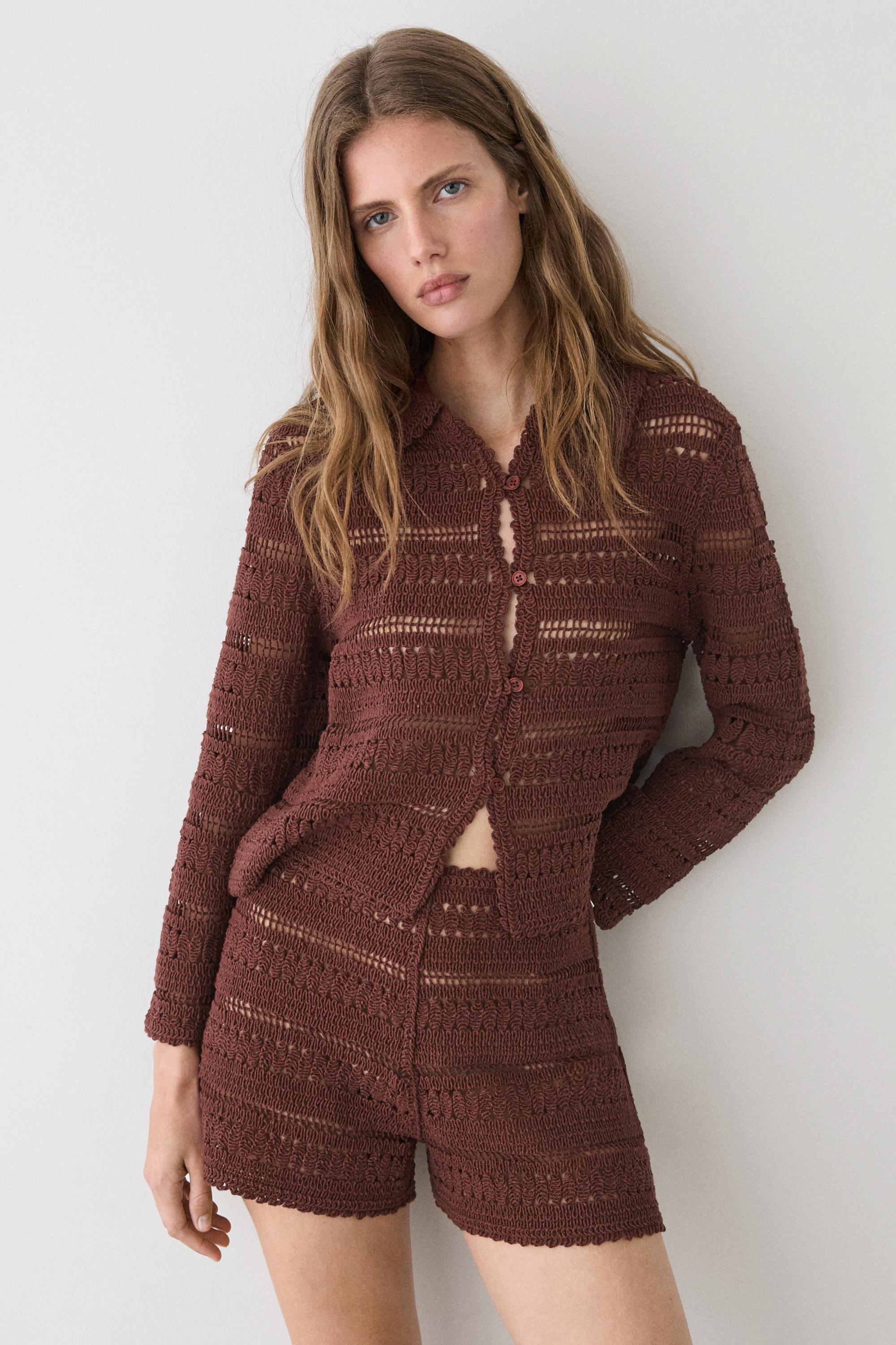 Cotton crochet shorts — RUSSET