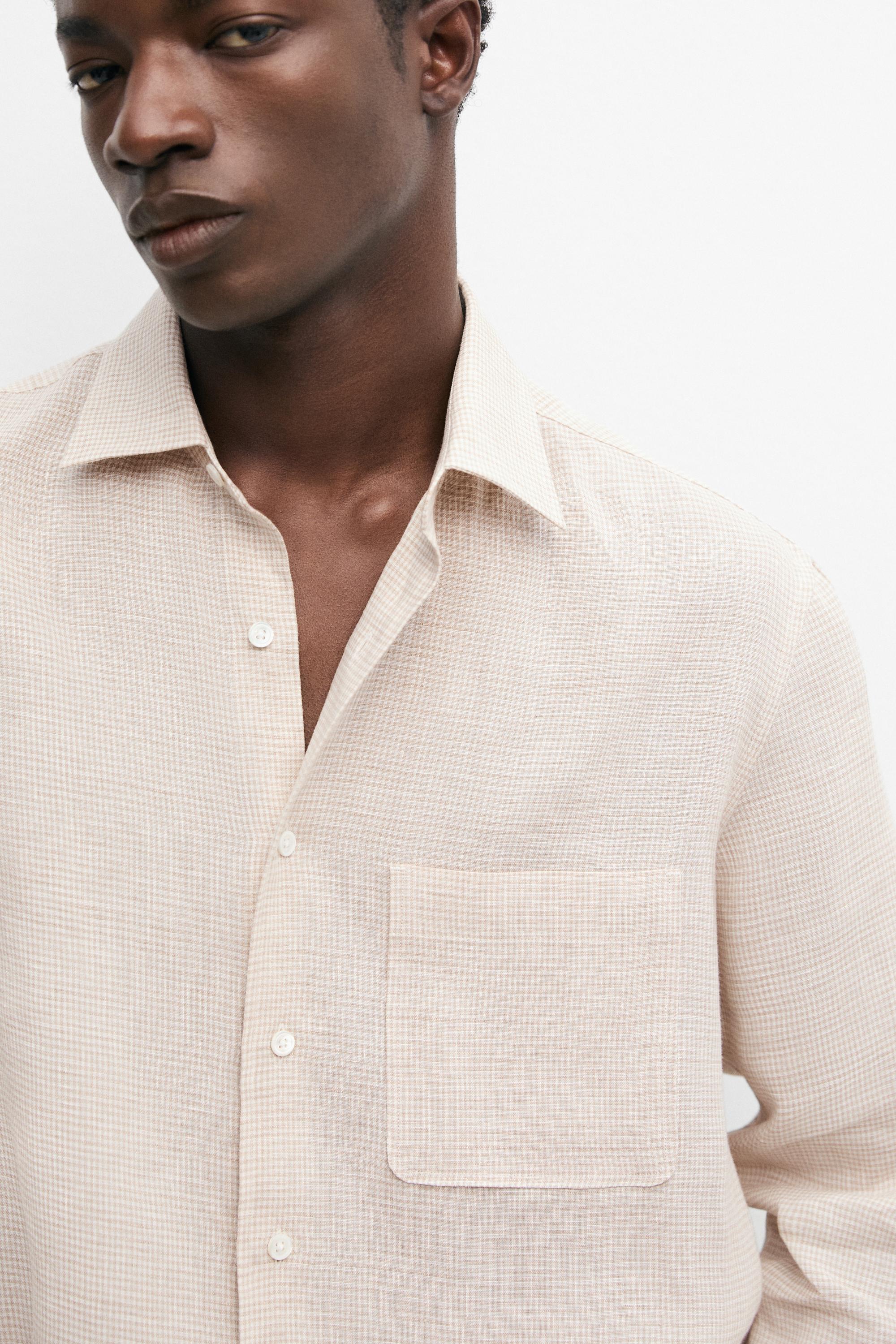 100% linen regular fit micro check shirt — CREAM