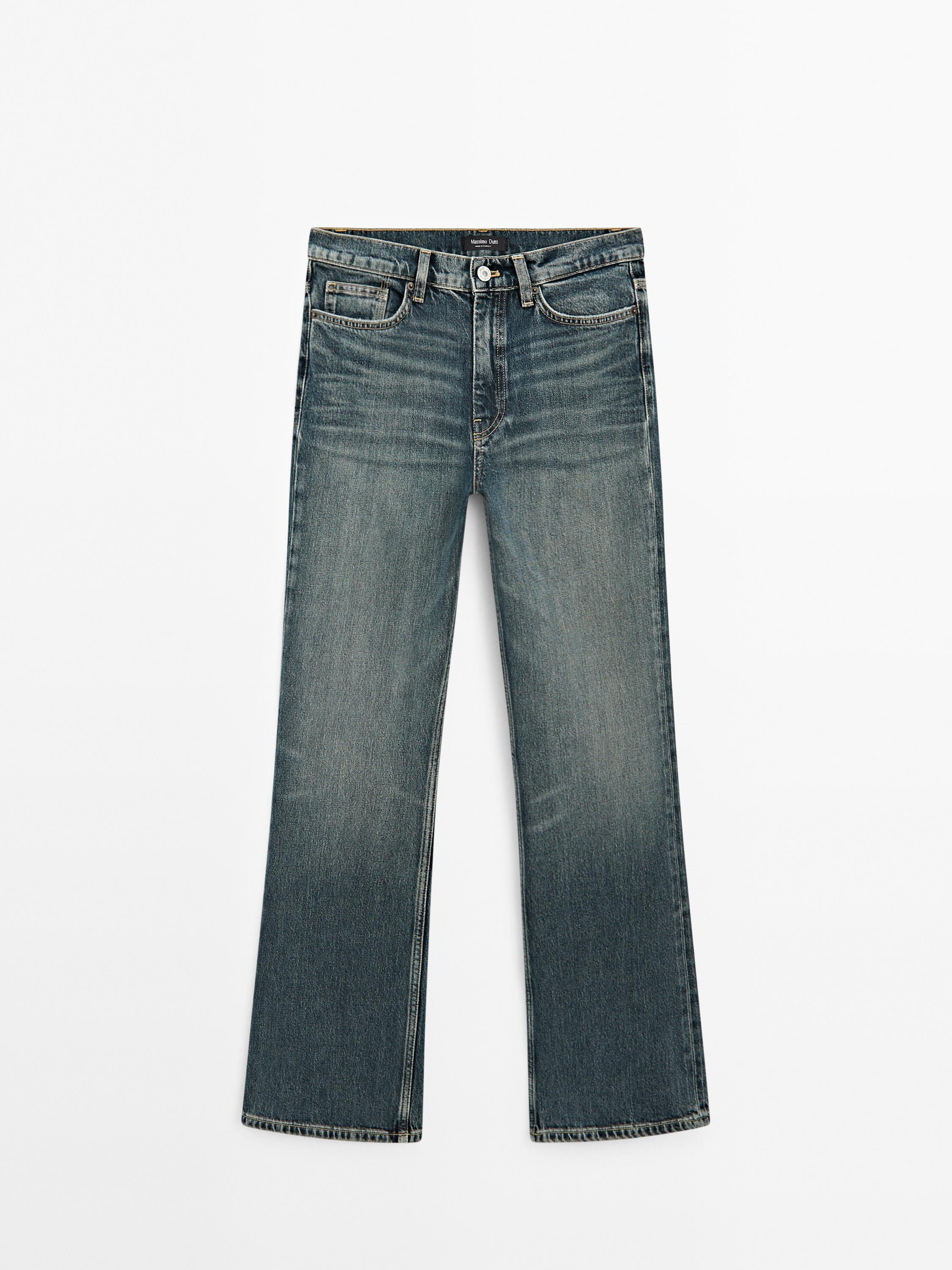 High-waist boot-cut cotton blend jeans