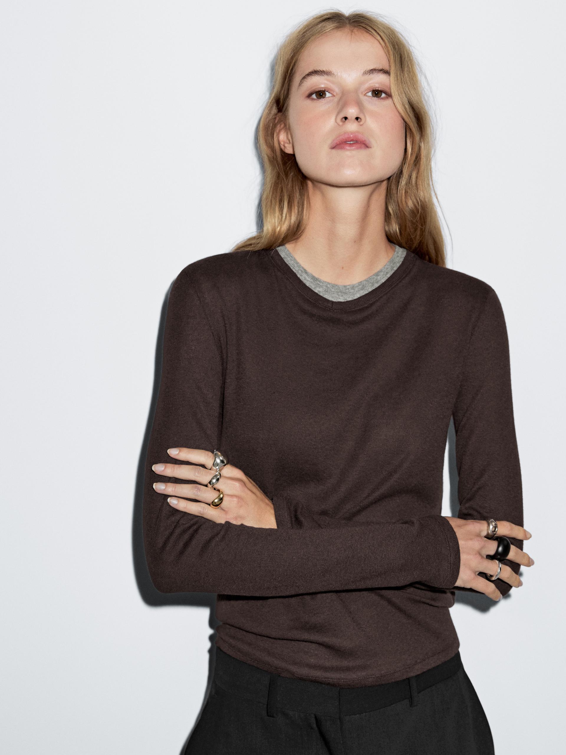 T-Shirt Col Double En Coton Mélangé - Marron - M - Massimo Dutti - Femme