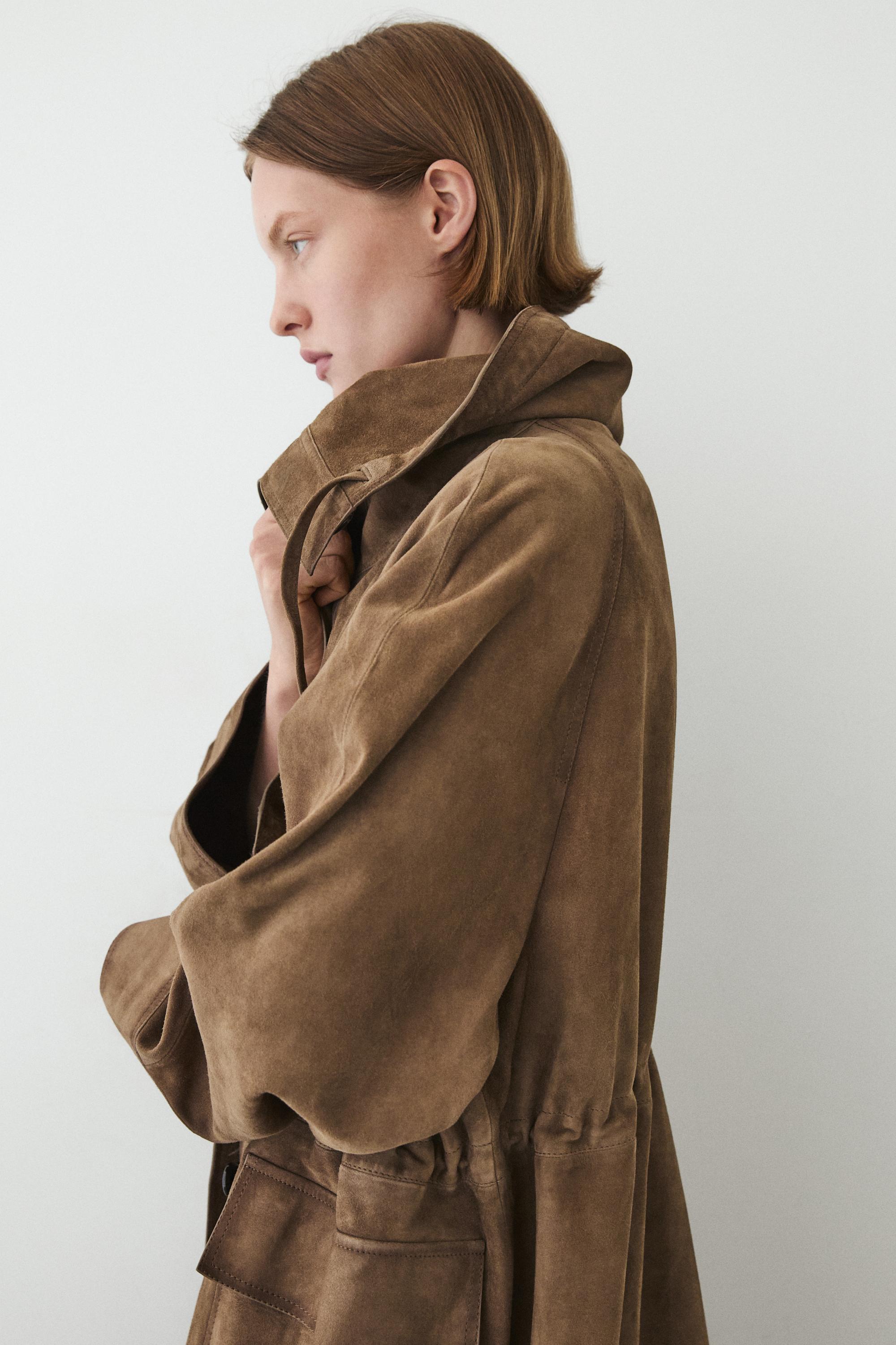 Suede leather high neck parka — Washed
