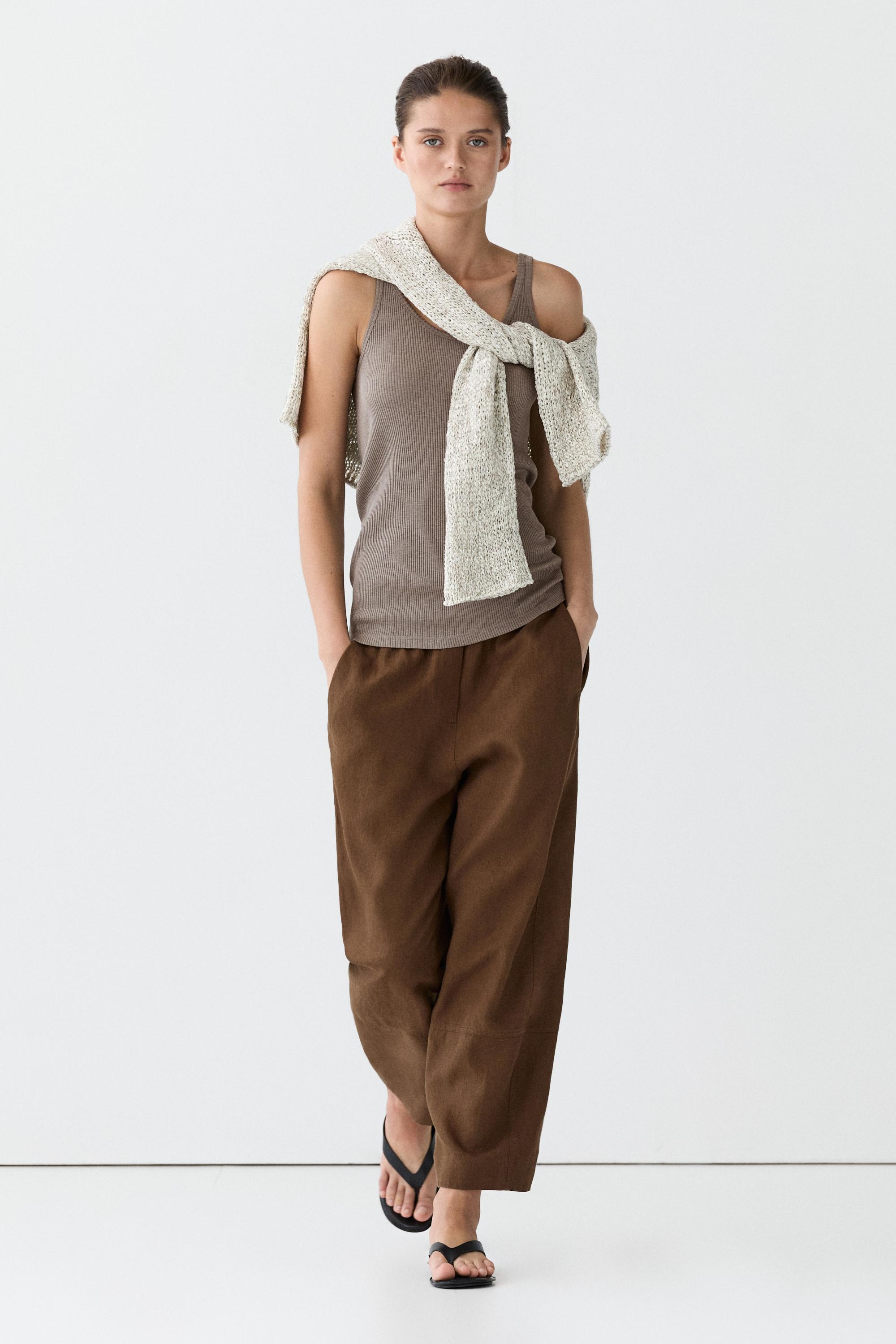 Linen pants with elastic waistband detail — BROWN