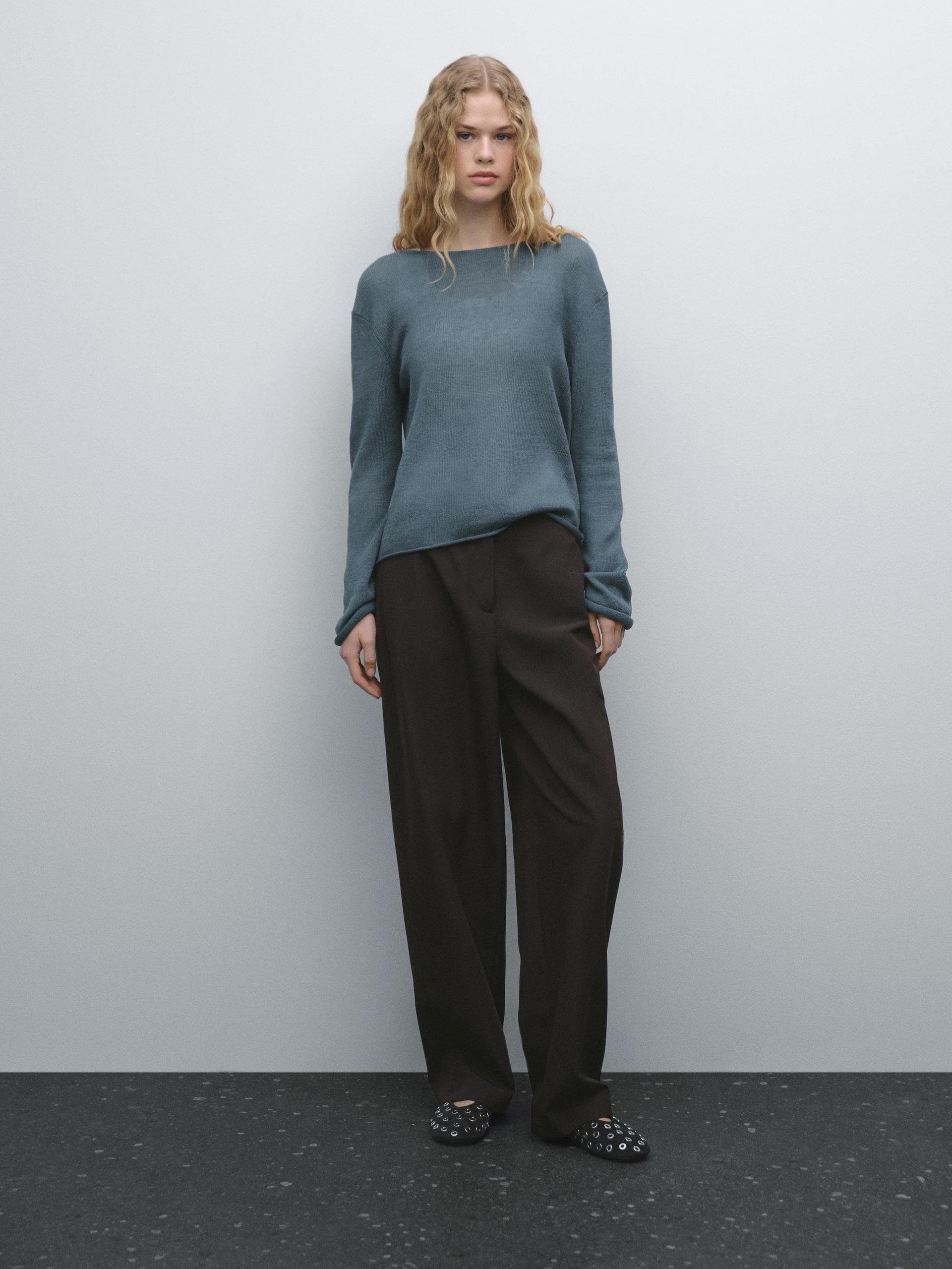 Pull En Maille Ajourée De Lin Mélangé - Vert - L - Massimo Dutti - Femme
