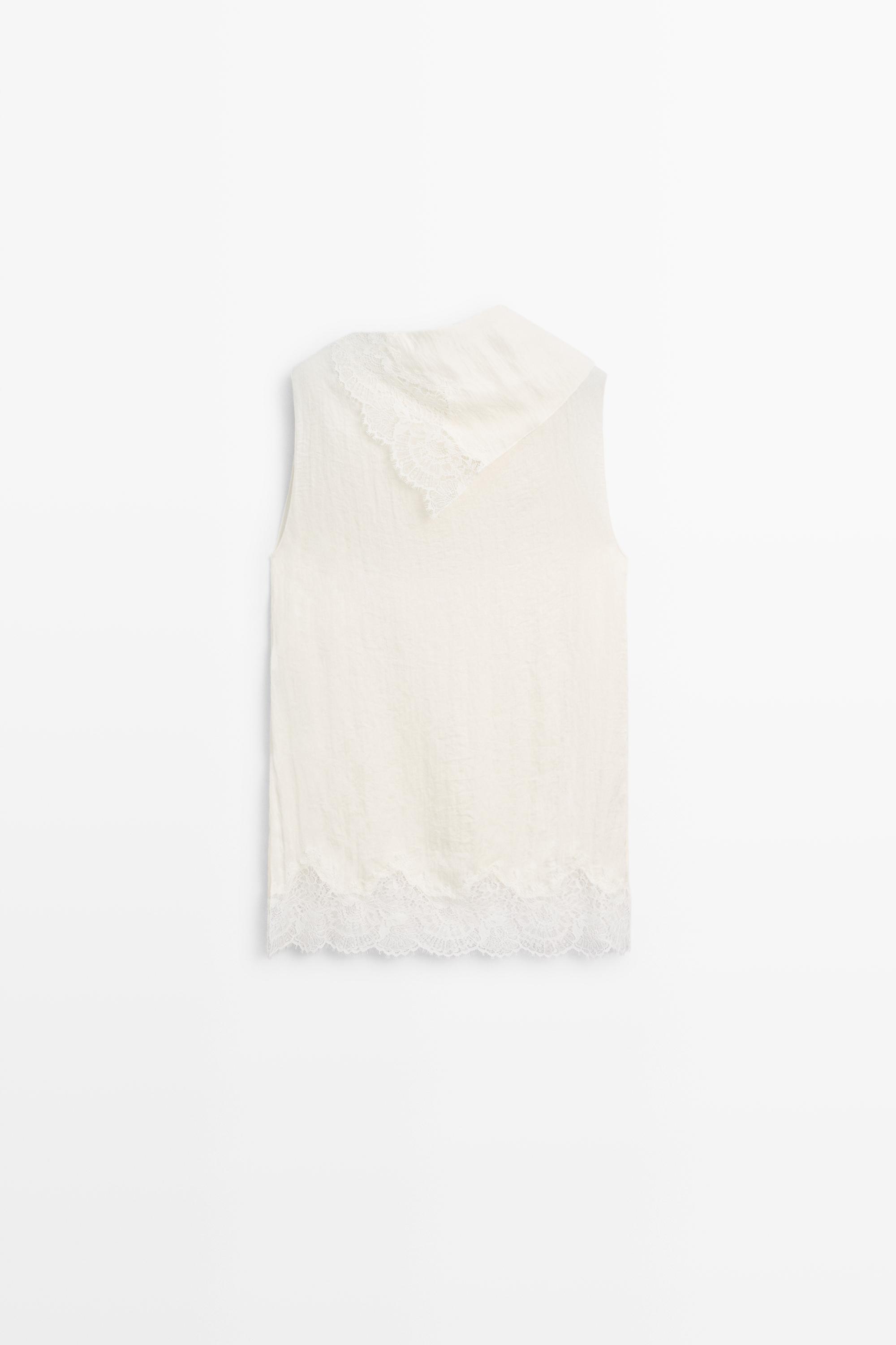 Asymmetric roll neck top with lace detail — CREAM