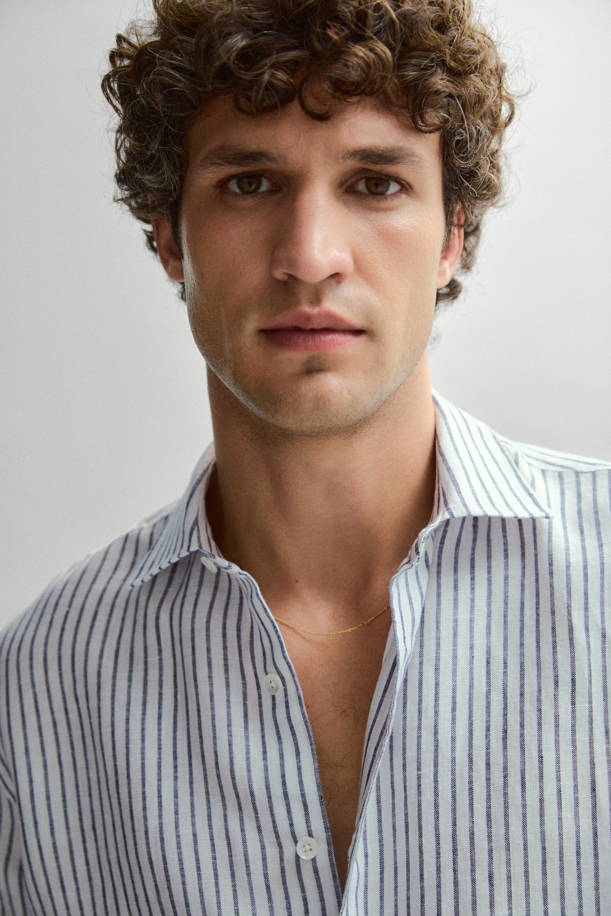 Regular fit 100% linen striped shirt — NAVY BLUE