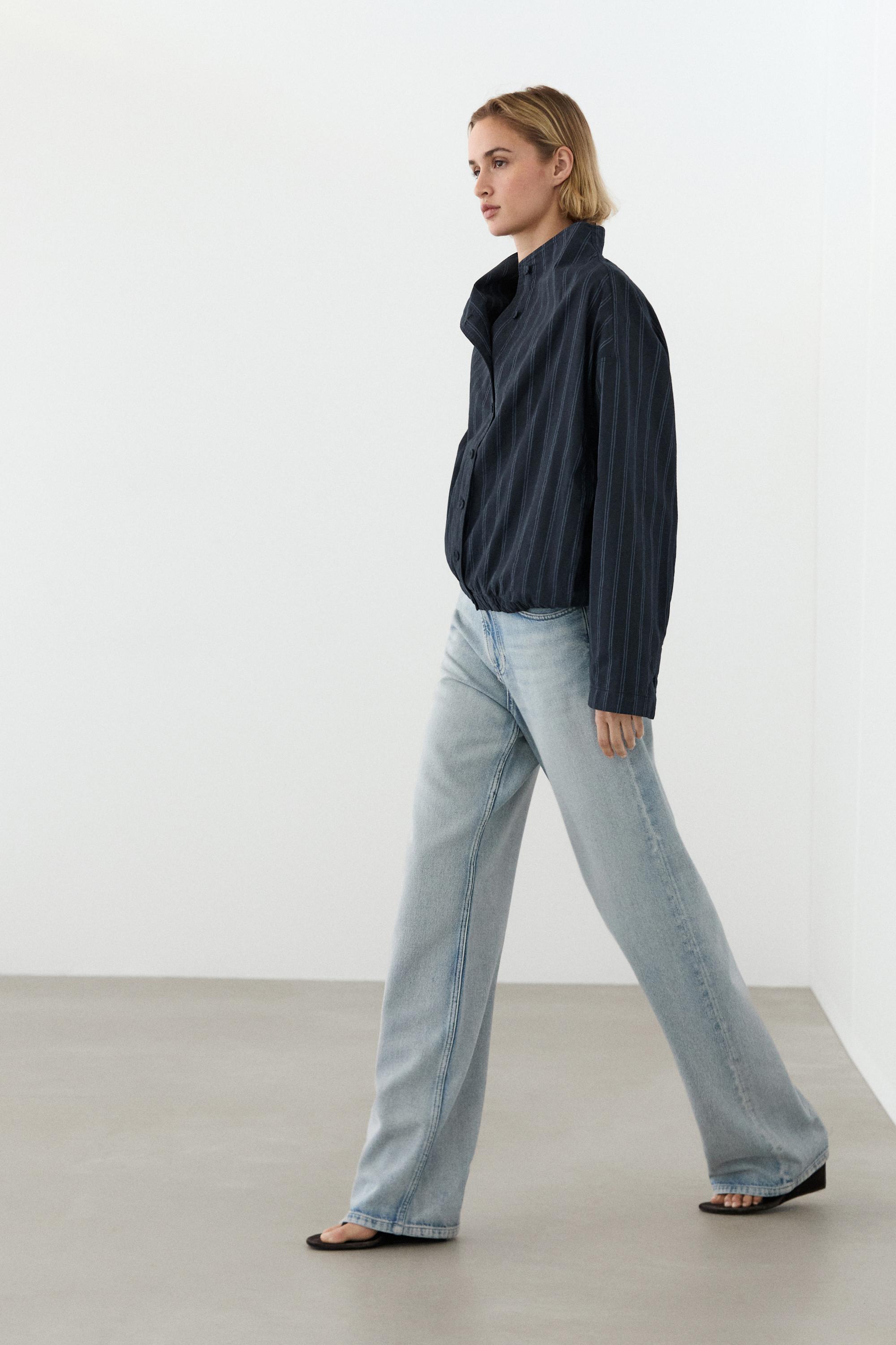 Striped high neck bomber jacket — DARK BLUE