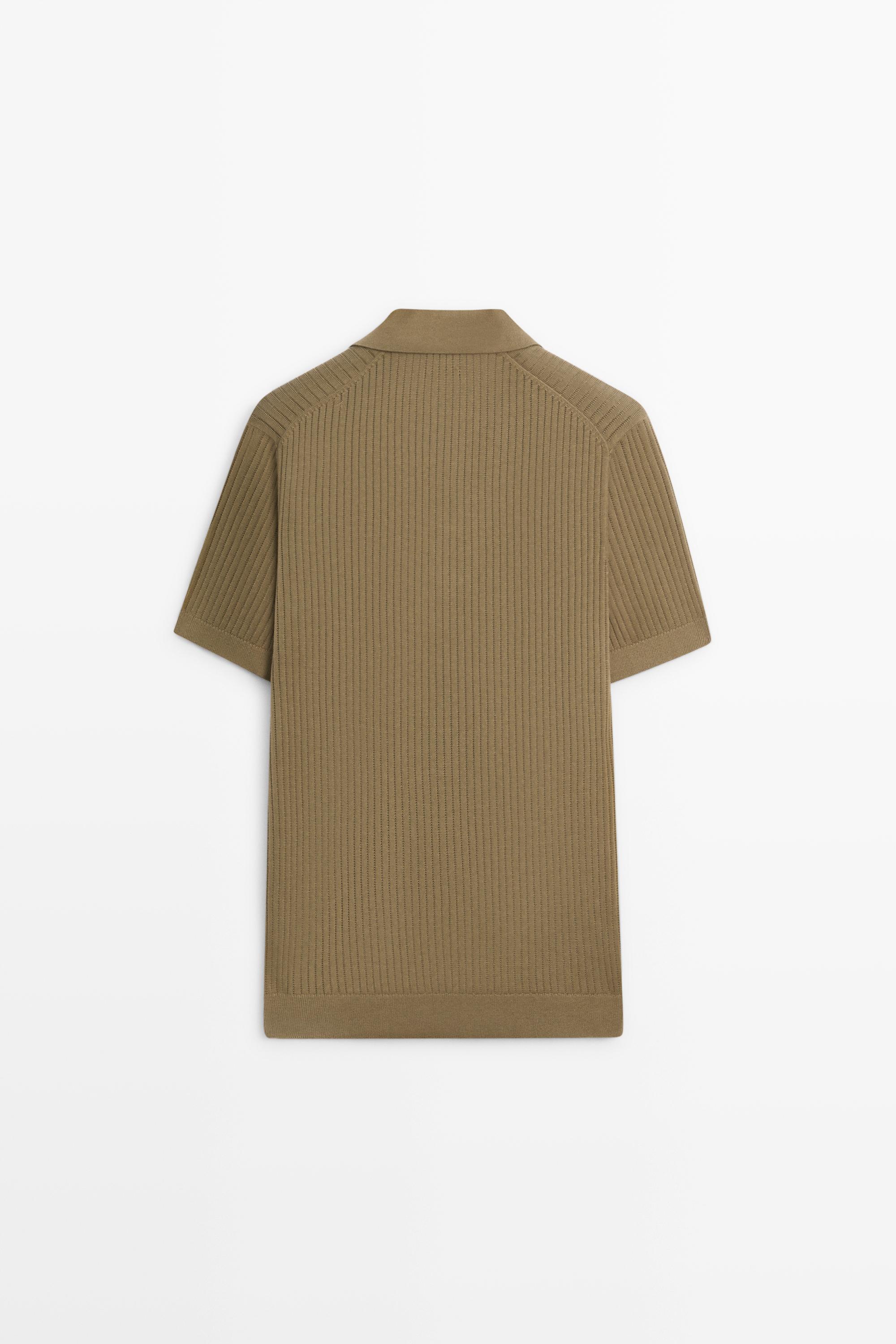 100% cotton ribbed knit polo sweater — DARK KHAKI