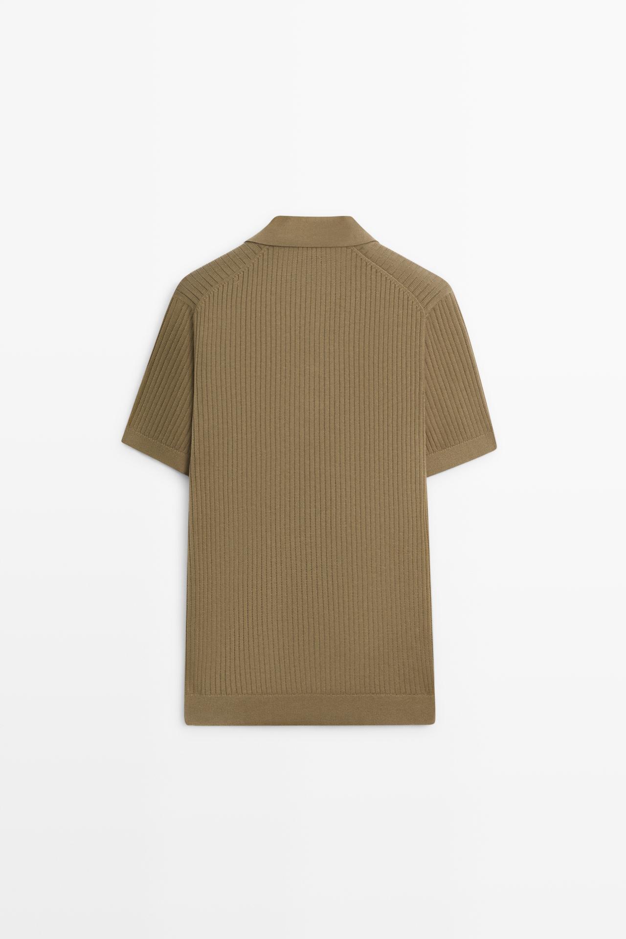 100% cotton ribbed knit polo sweater — DARK KHAKI