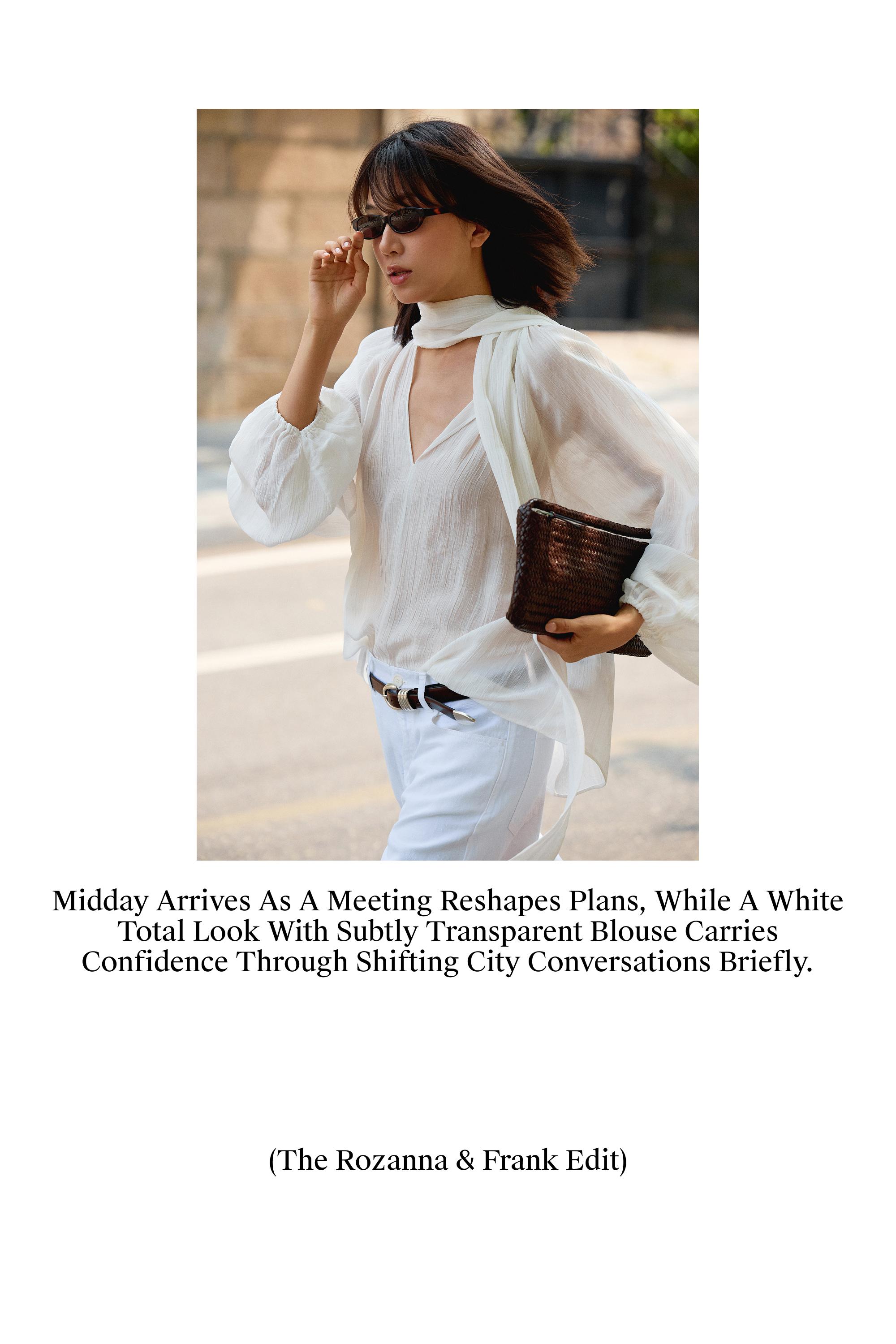 Flowing V-neck blouse with tie — WHITE