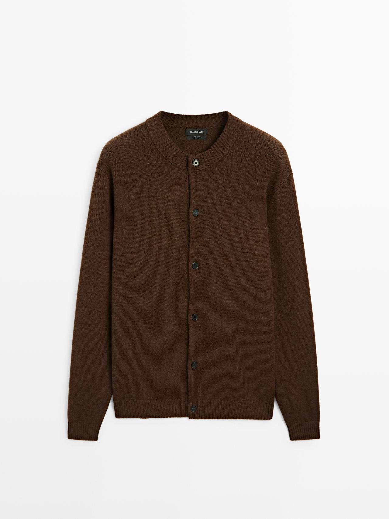 Massimo Dutti - Herre - Cardigan I Strik Af 100 % Uld Med Rund Hals - Terrakotta - L