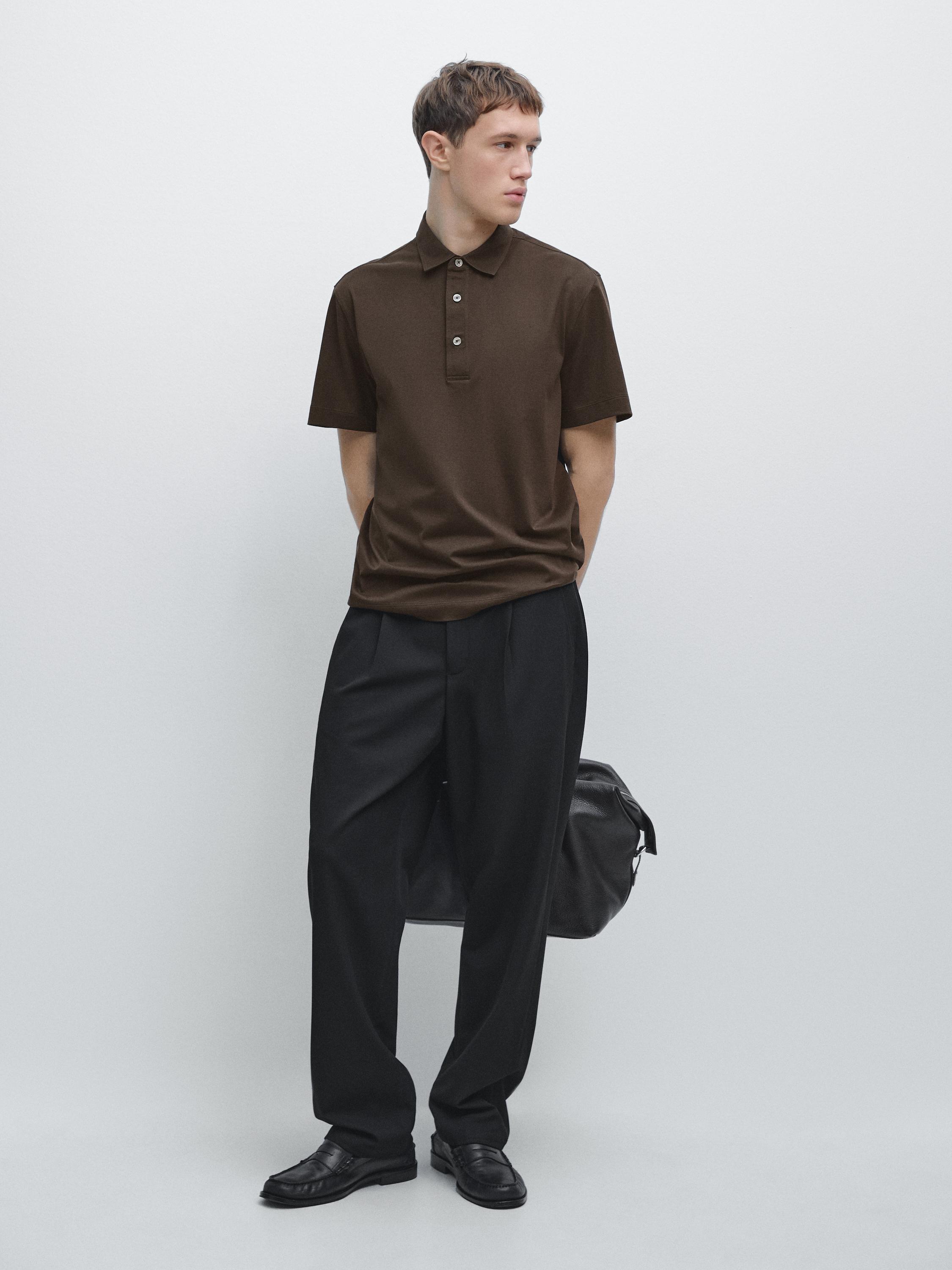 Cotton blend short sleeve polo shirt — Chocolate
