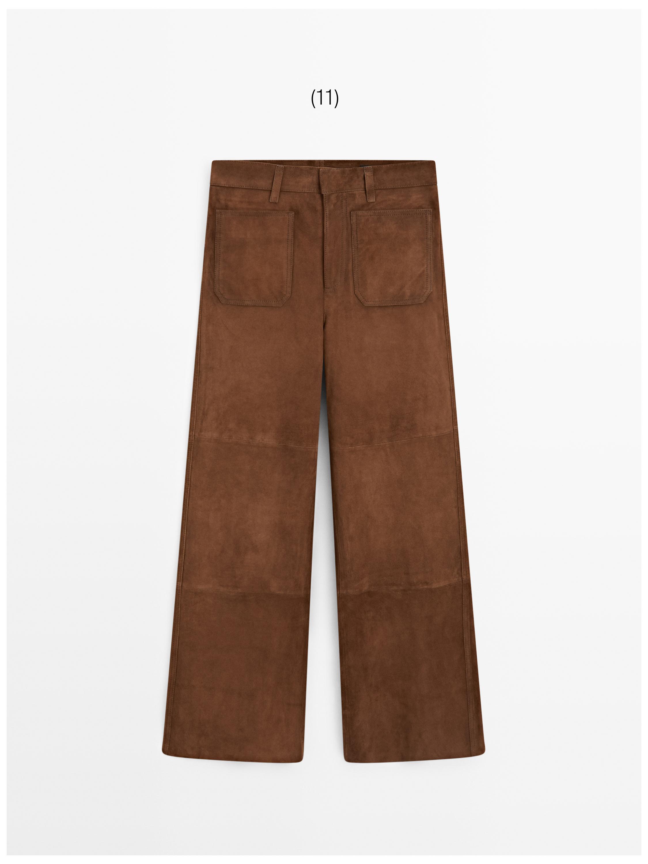 Suede leather wide-leg trousers with pockets — BROWN