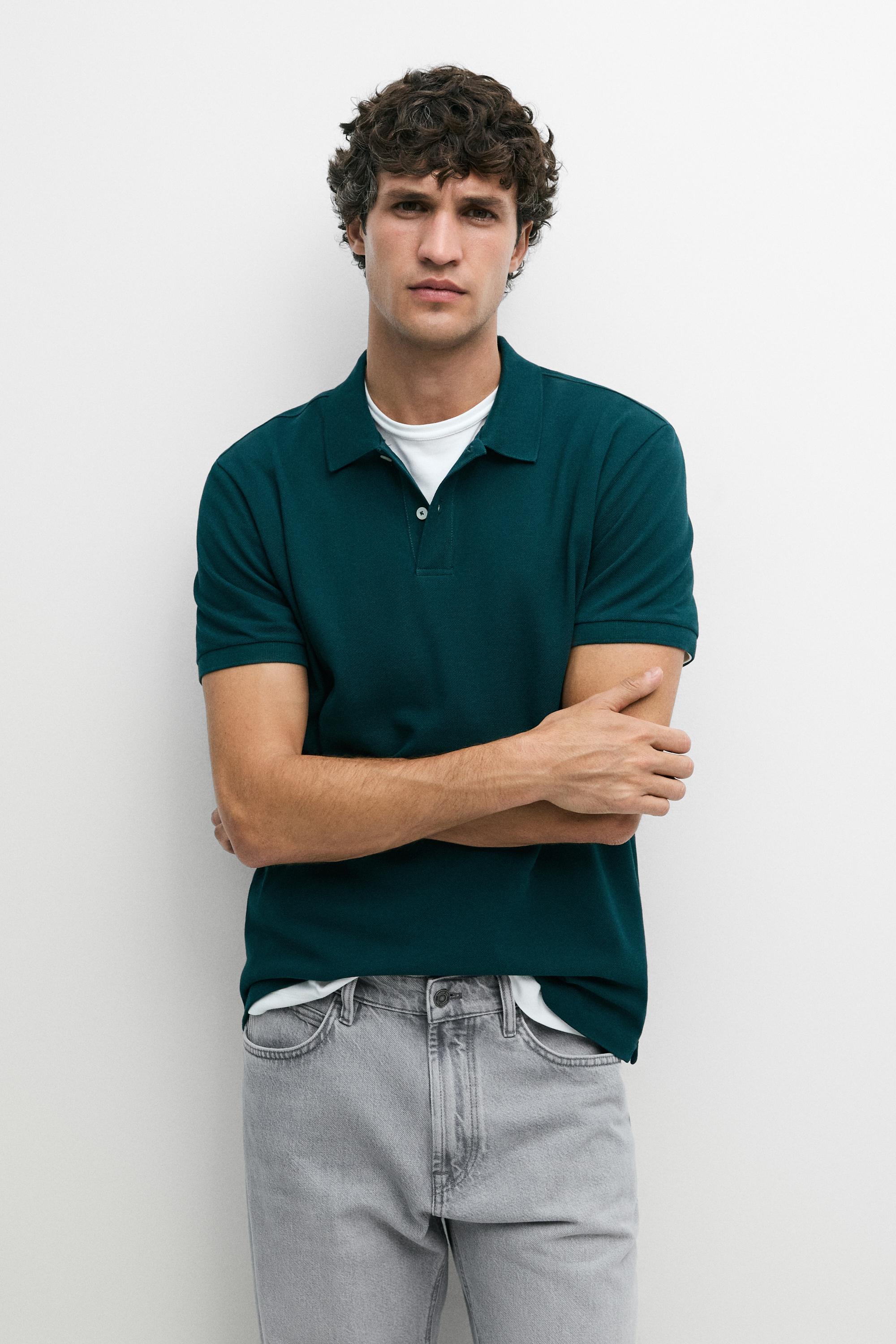 Micro-textured cotton piqué polo shirt — GREENISH BLUE
