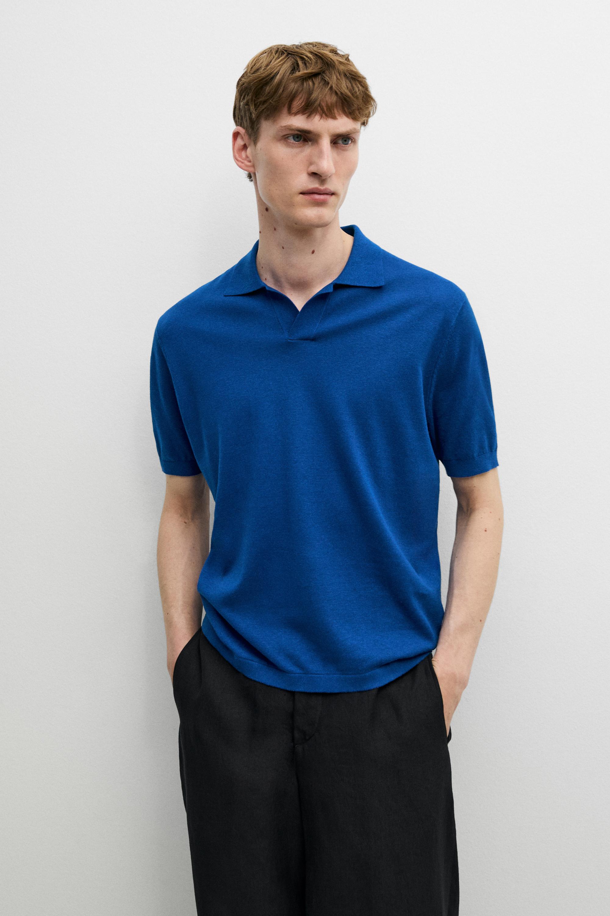 Cotton and linen knit polo sweater — Blue