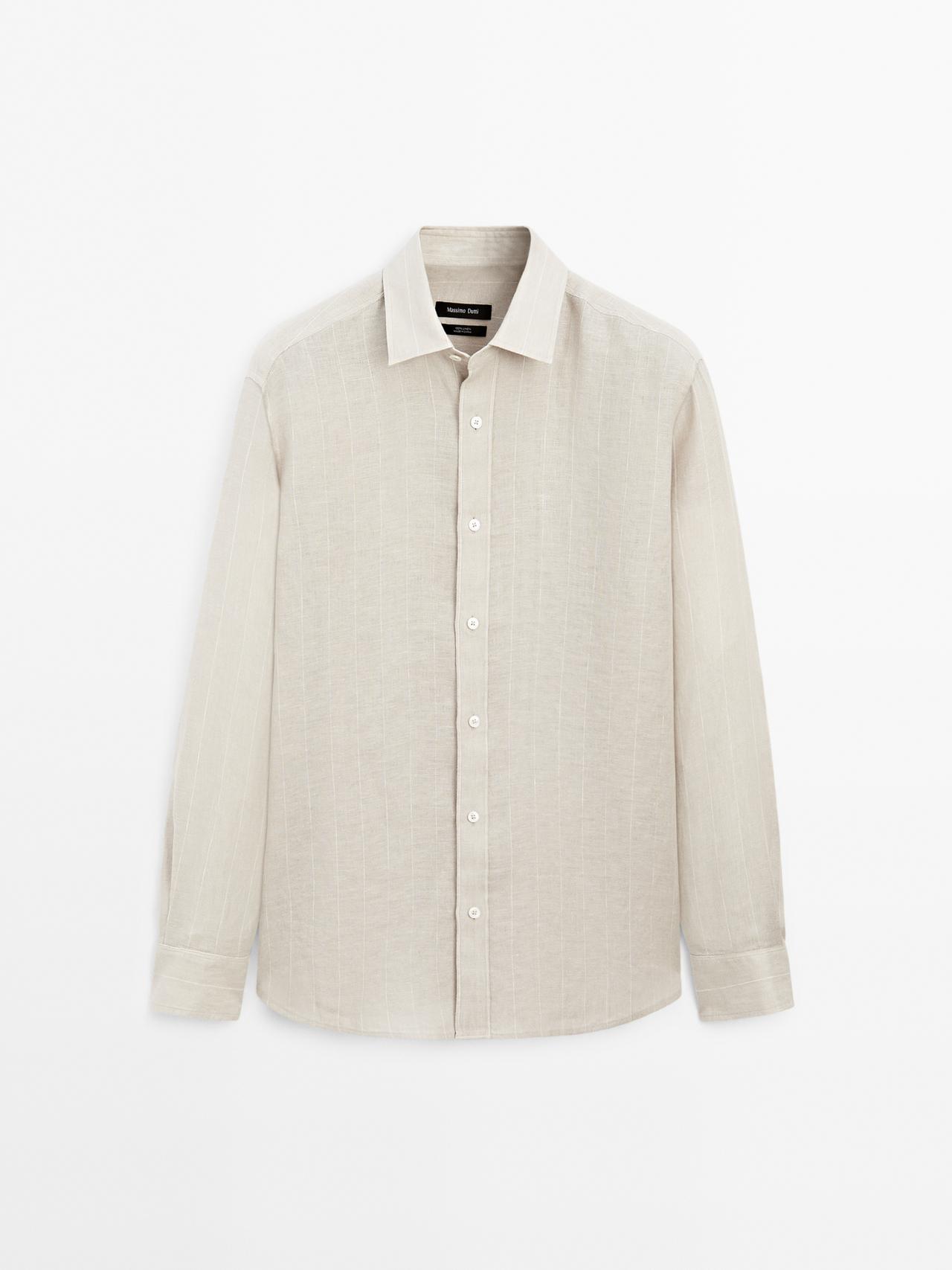 Massimo Dutti - Herre - Stribet, Regular Fit Skjorte - Beige - M