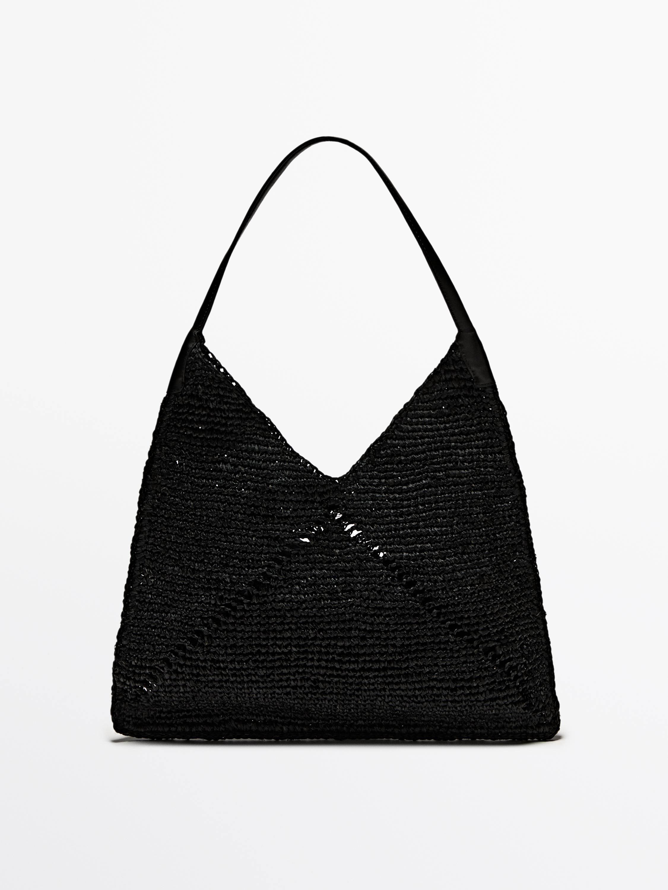 Raffia flat shopper bag with leather handle