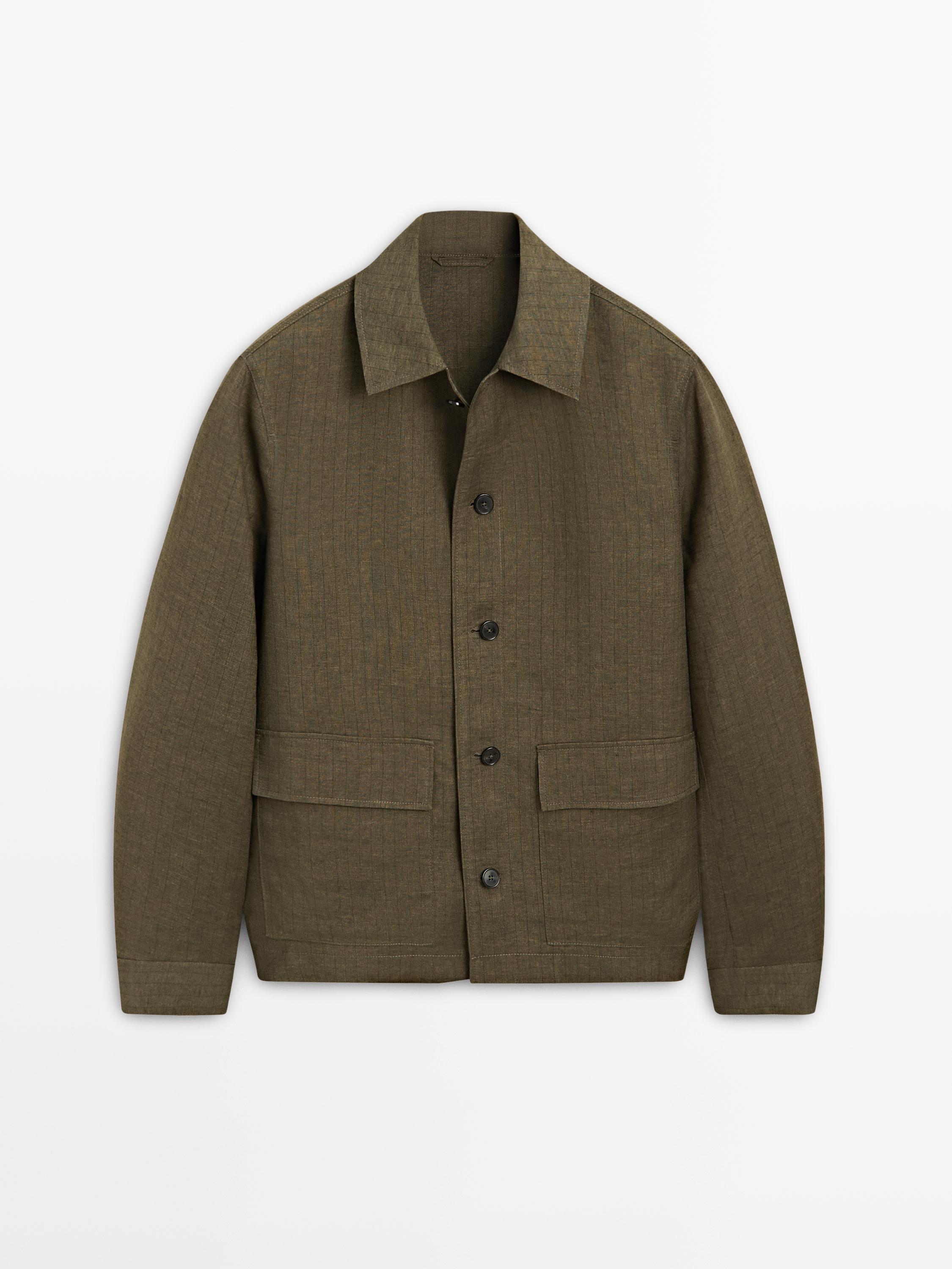 100% linen overshirt with pockets and striped detail — GREEN