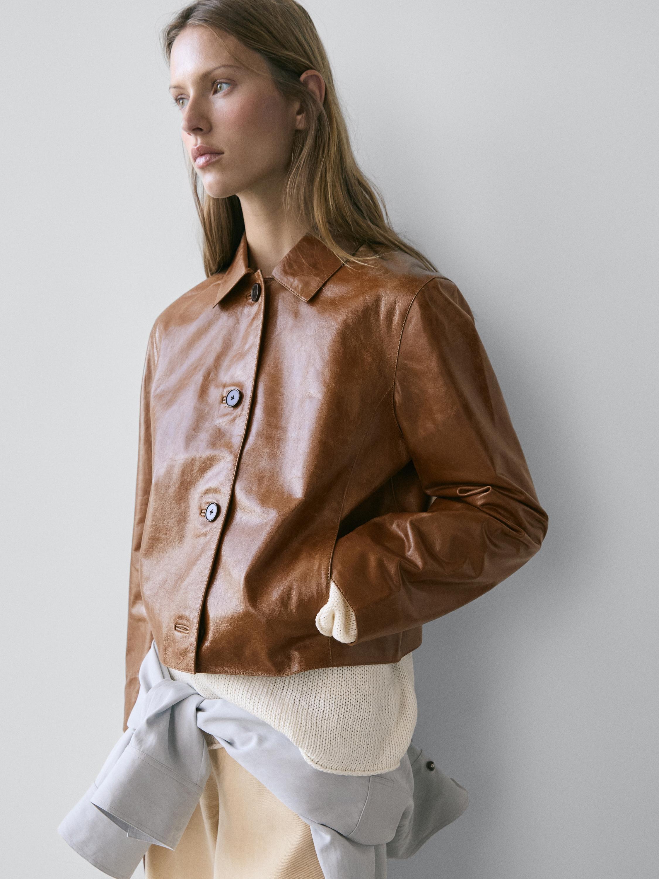 Cropped nappa leather jacket — CAMEL